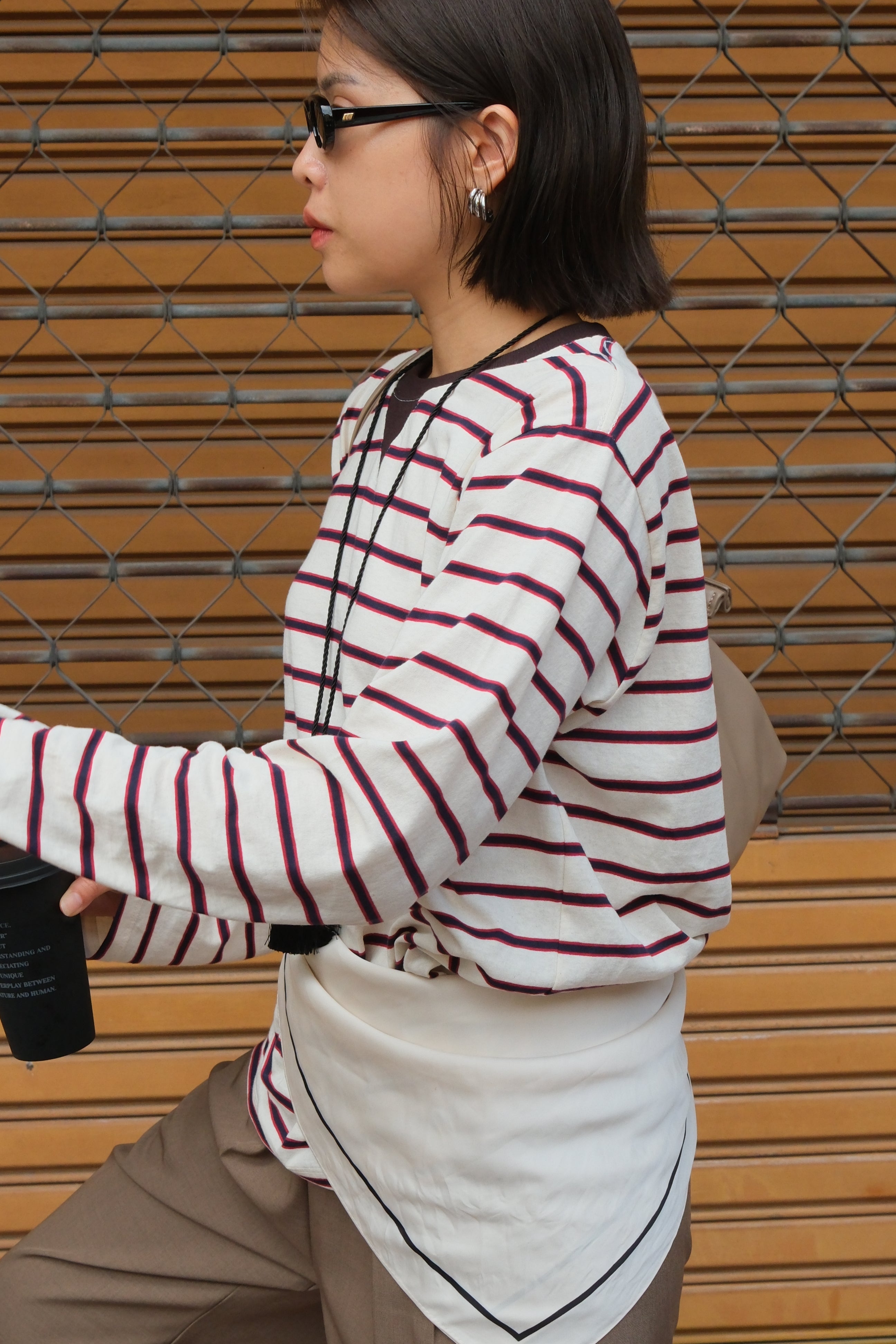 Triangle collar striped long-sleeve soft tee