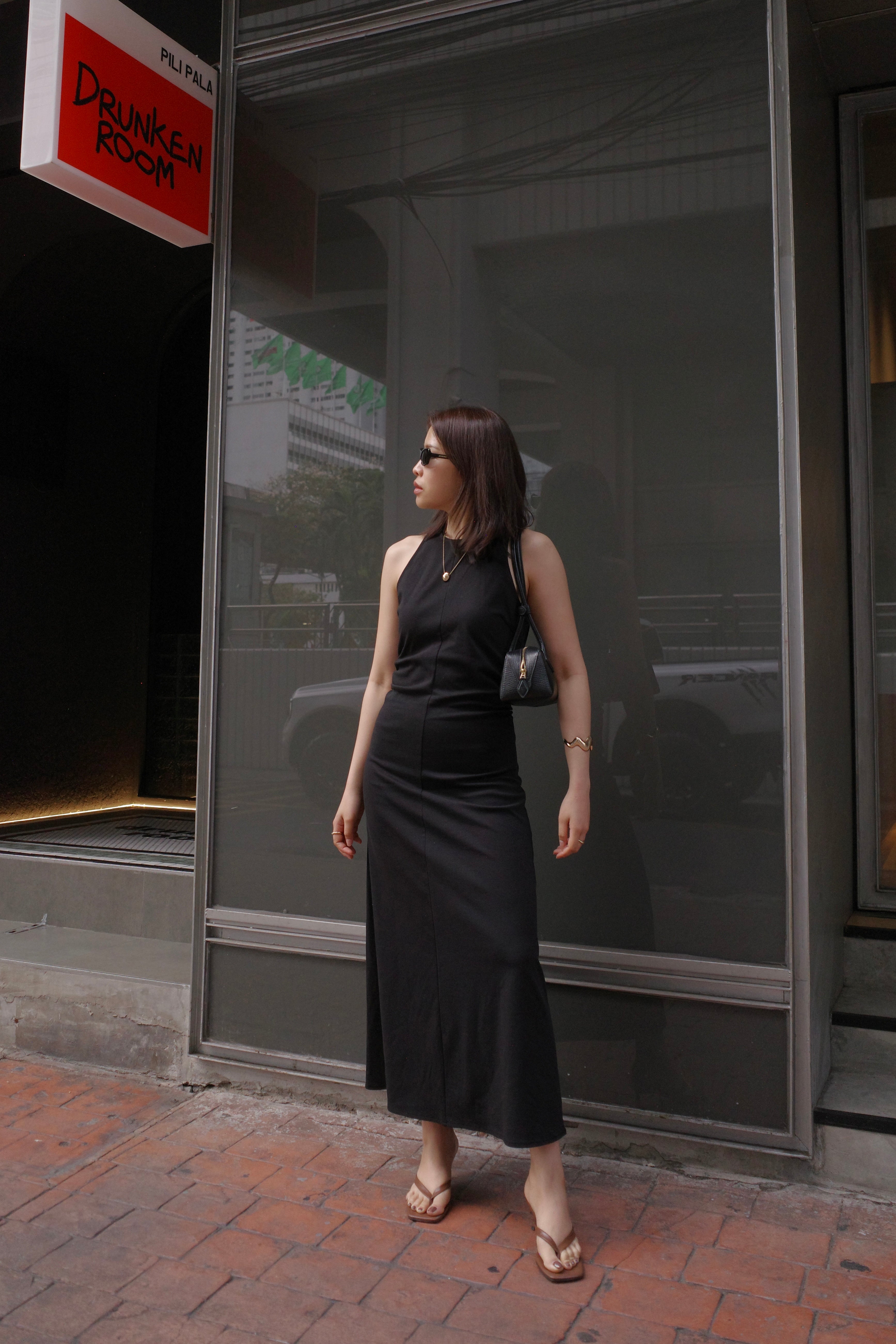 slim cut gathered waist dress