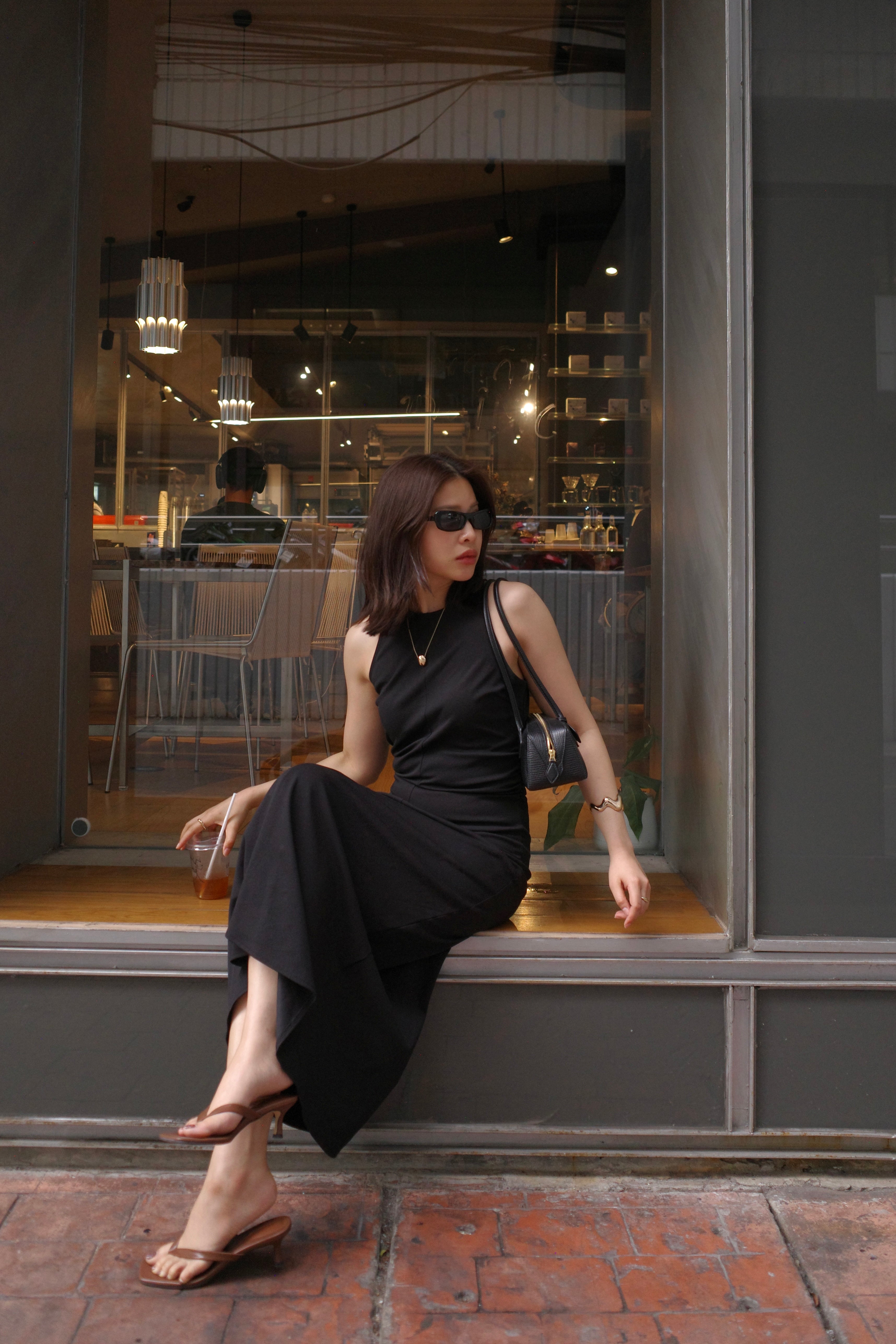 slim cut gathered waist dress