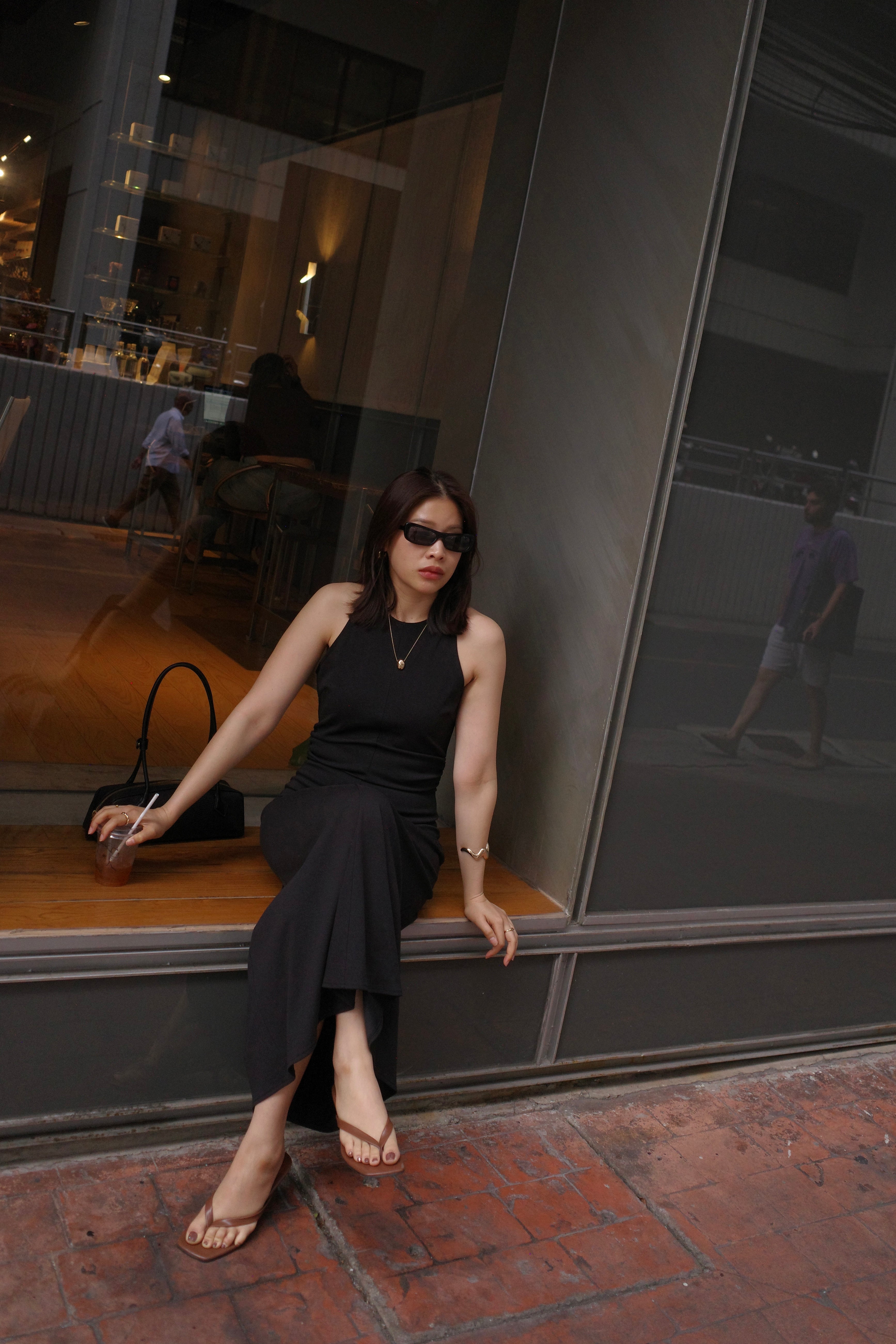 slim cut gathered waist dress