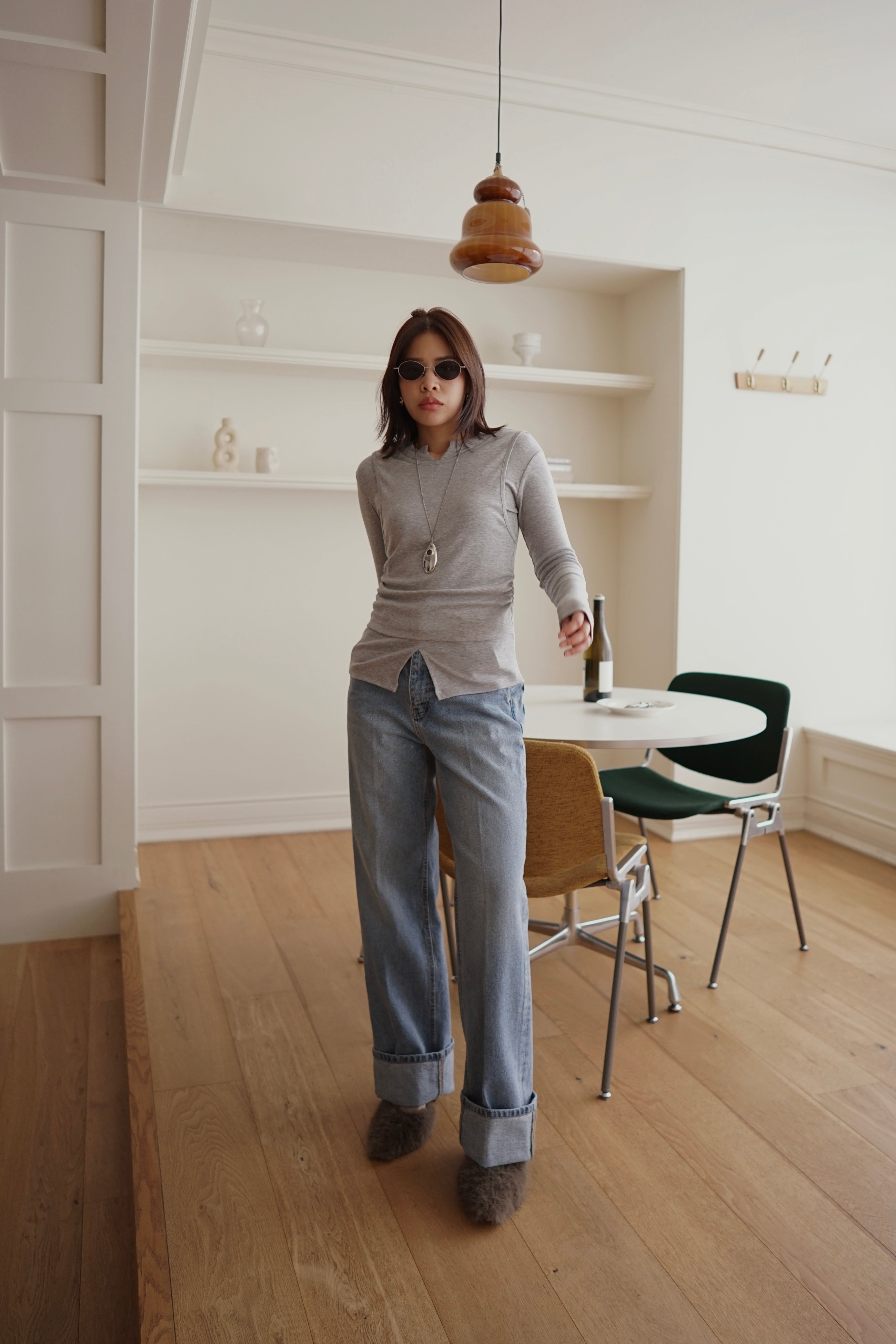 double layered side ruched long sleeve soft tee