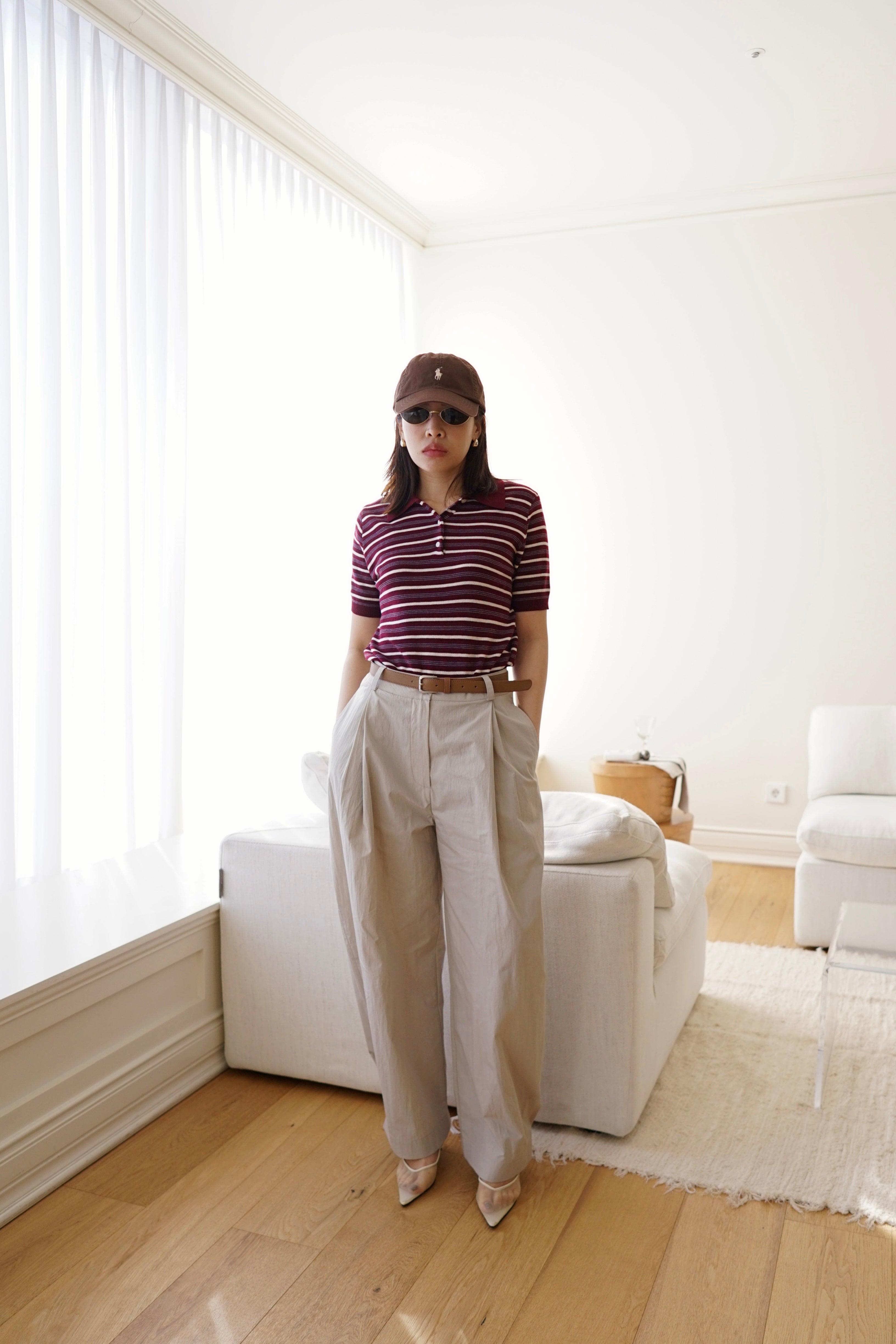 Multi stripe knit polo collar top