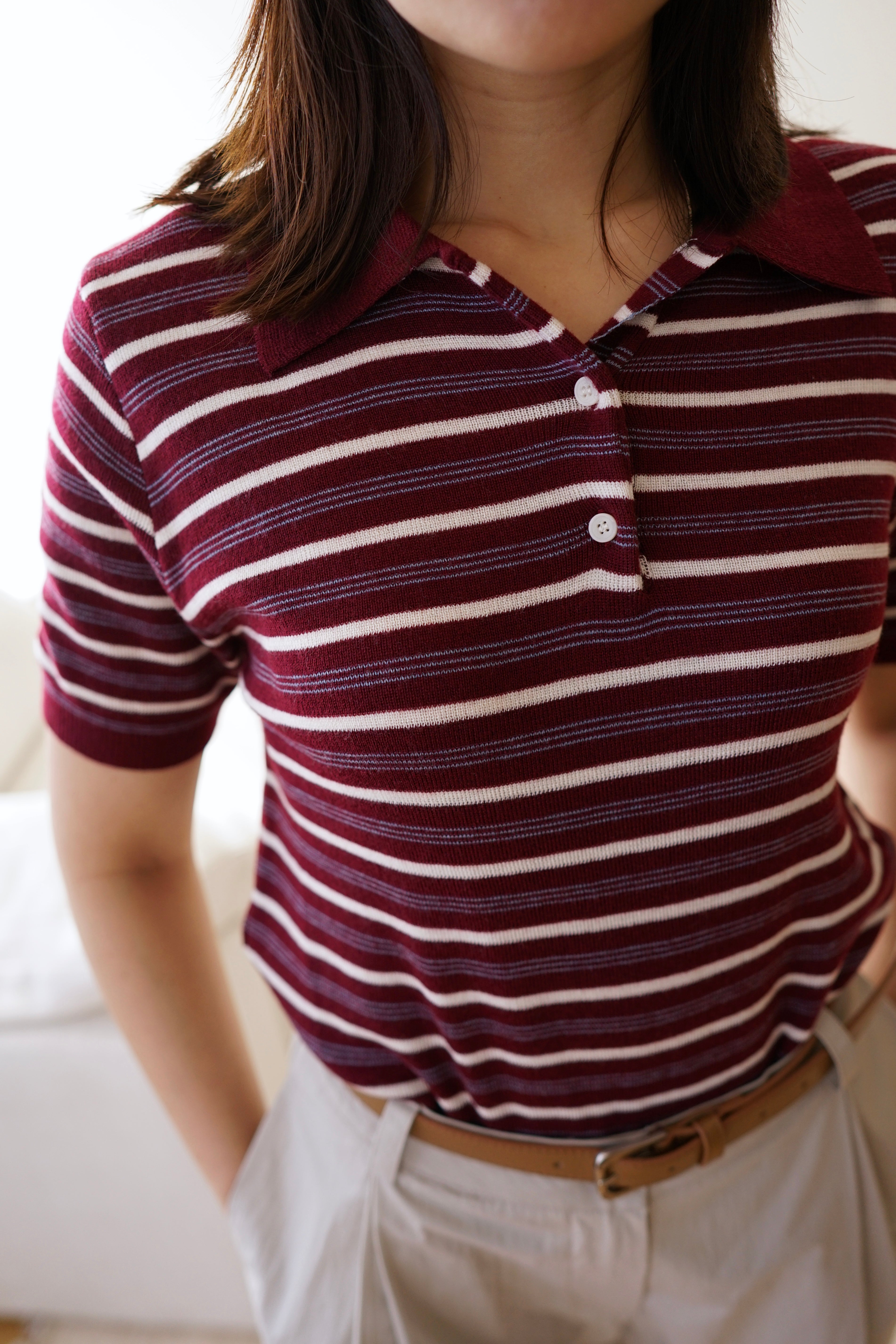 Multi stripe knit polo collar top