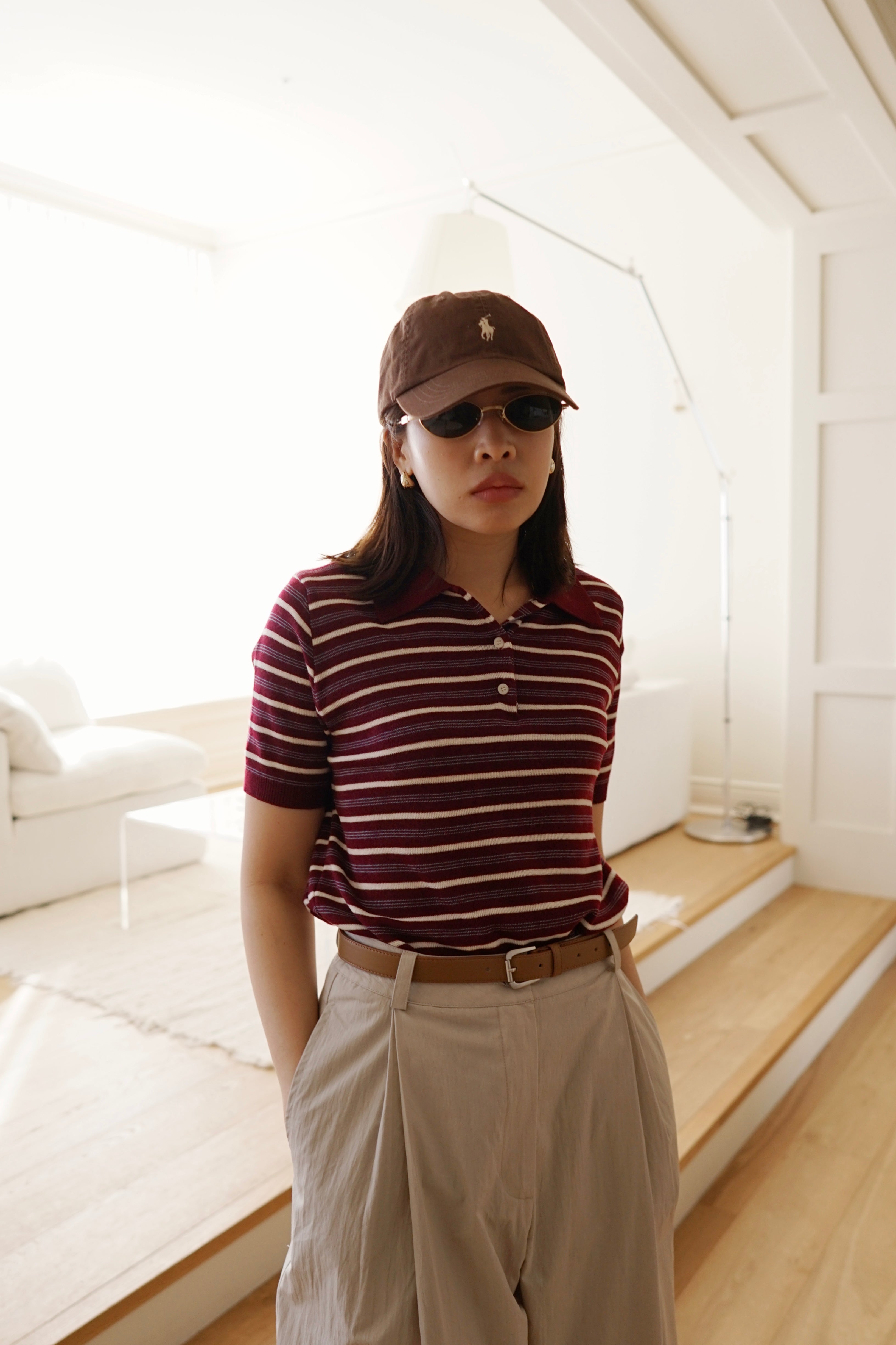 Multi stripe knit polo collar top