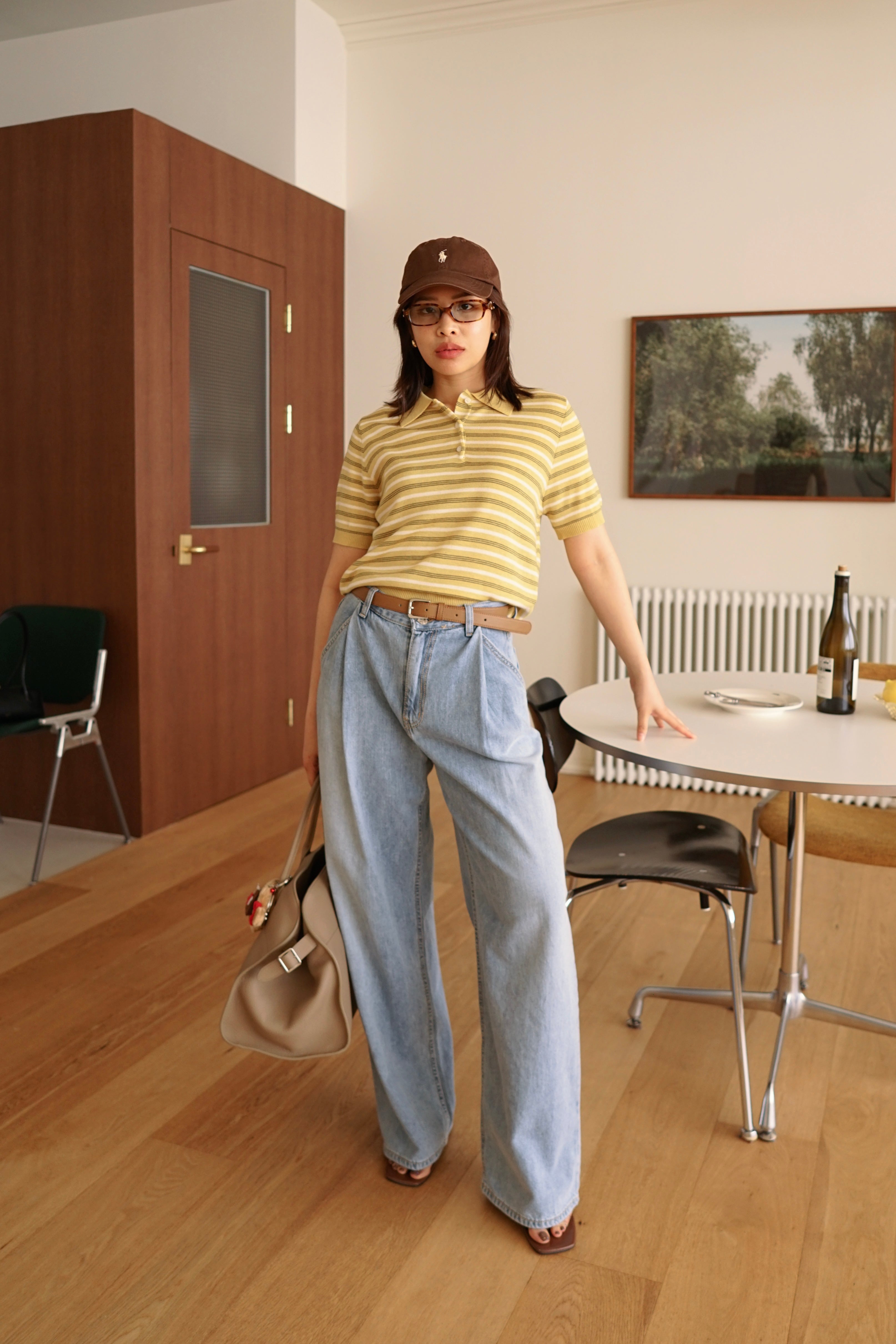 Multi stripe knit polo collar top