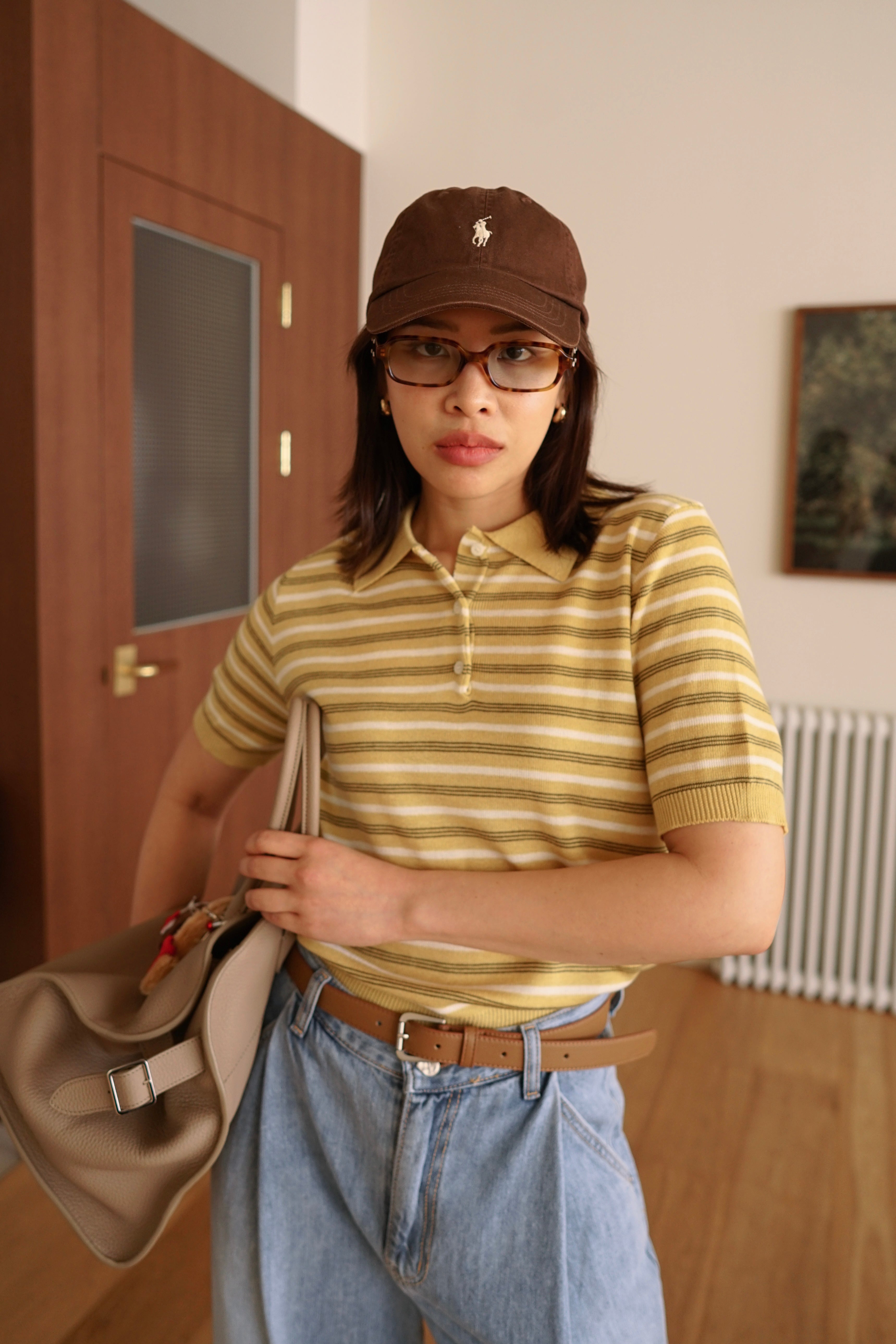 Multi stripe knit polo collar top