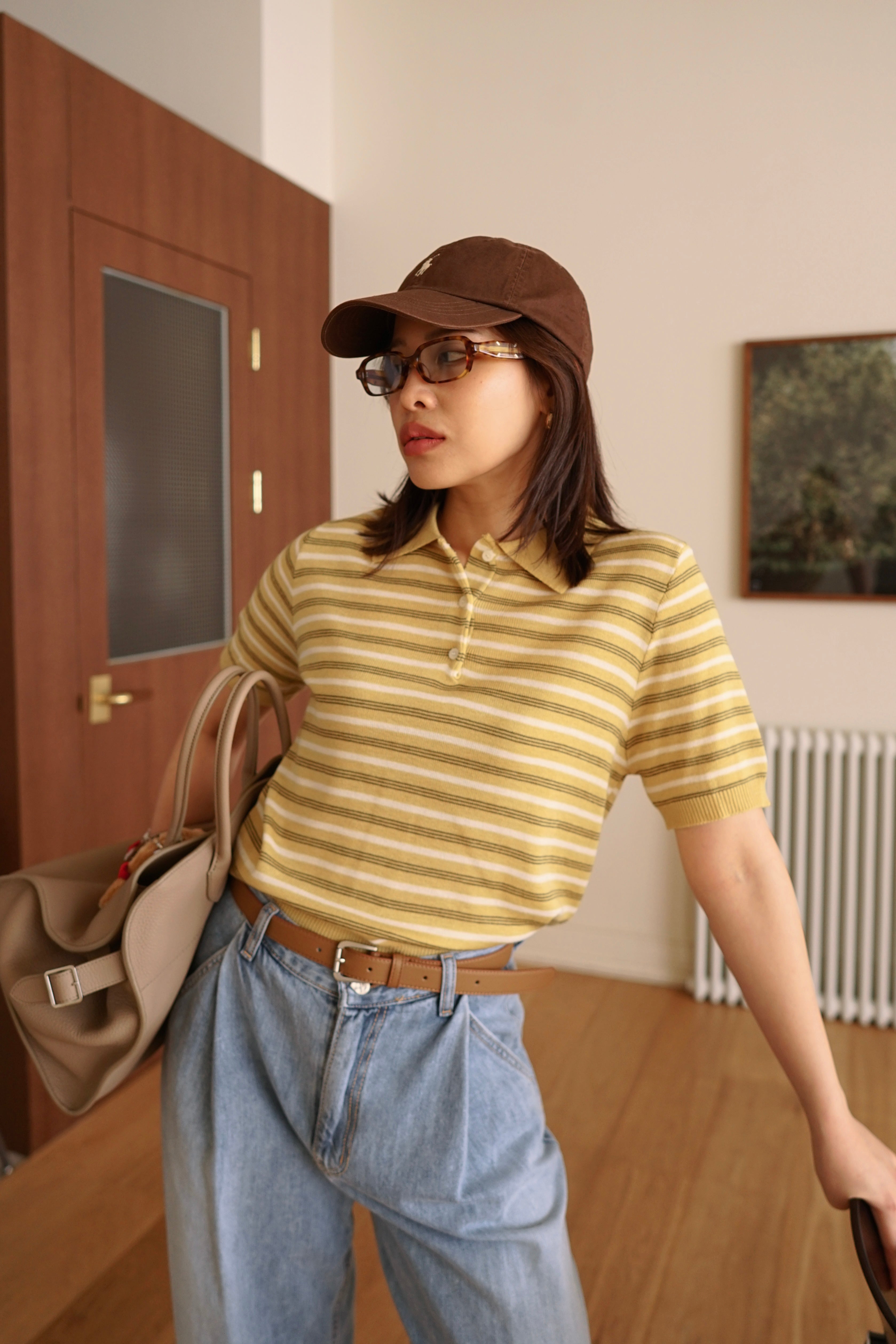Multi stripe knit polo collar top