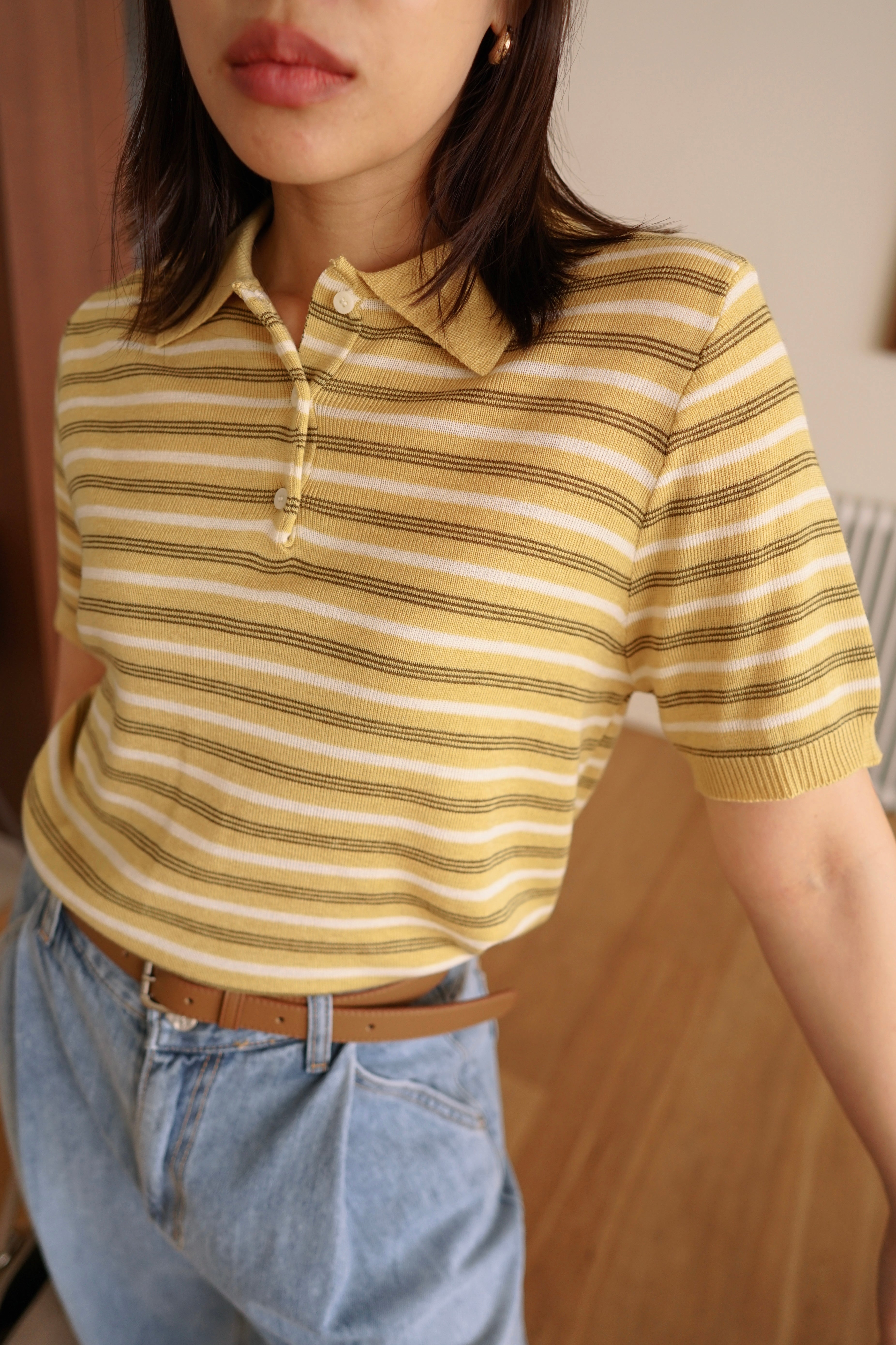 Multi stripe knit polo collar top