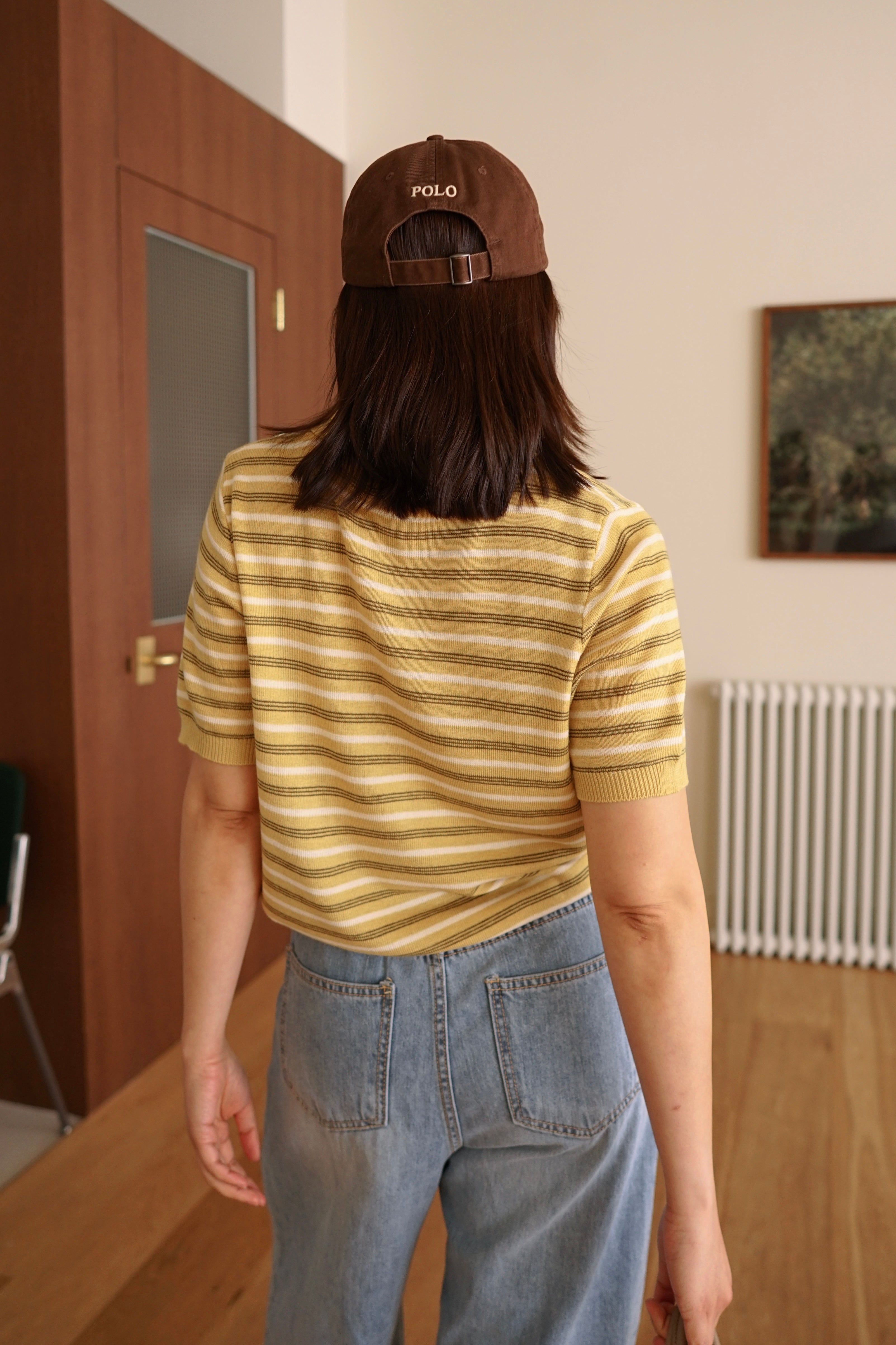 Multi stripe knit polo collar top