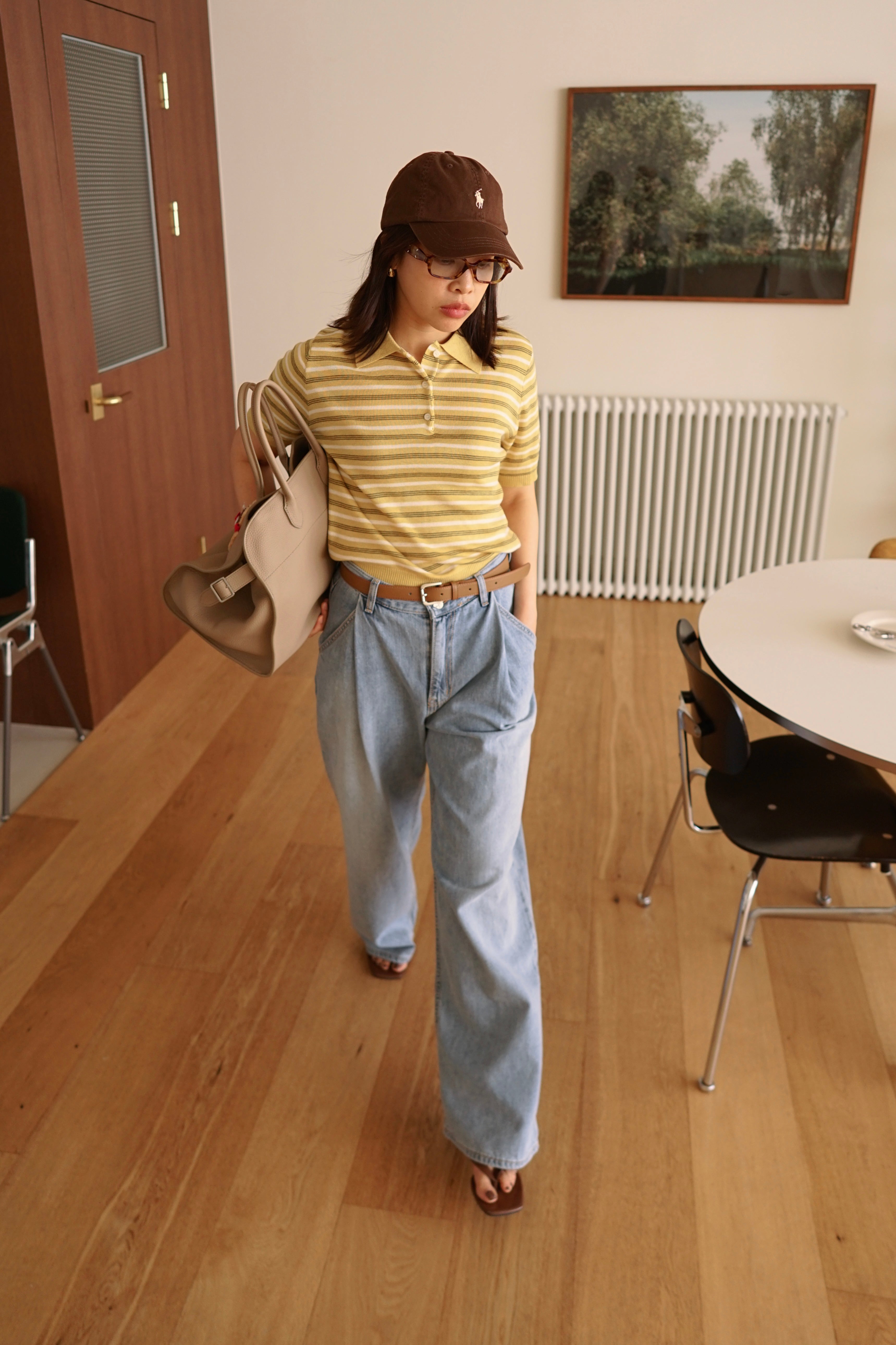 Multi stripe knit polo collar top