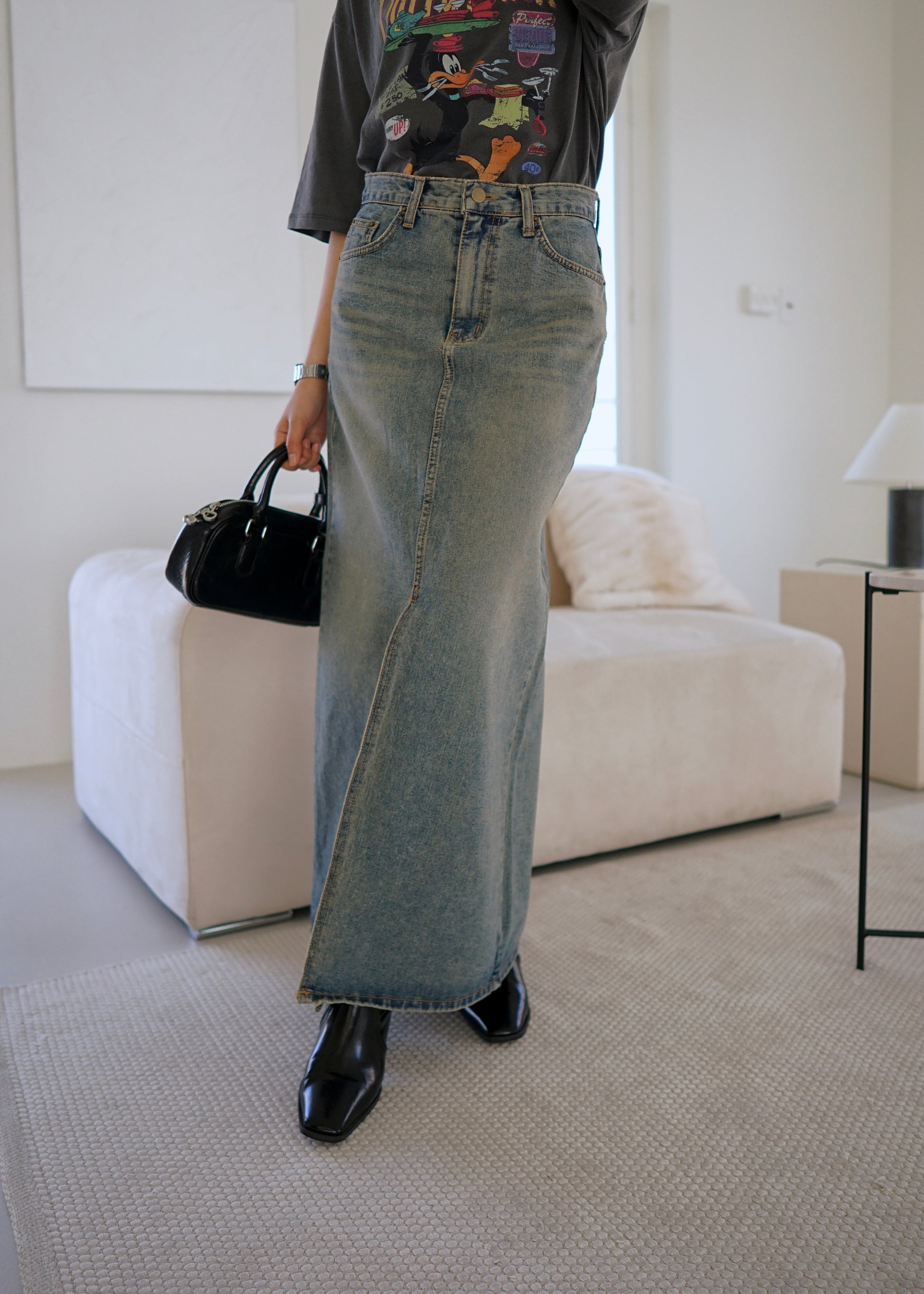 sand wash front slit denim maxi skirt