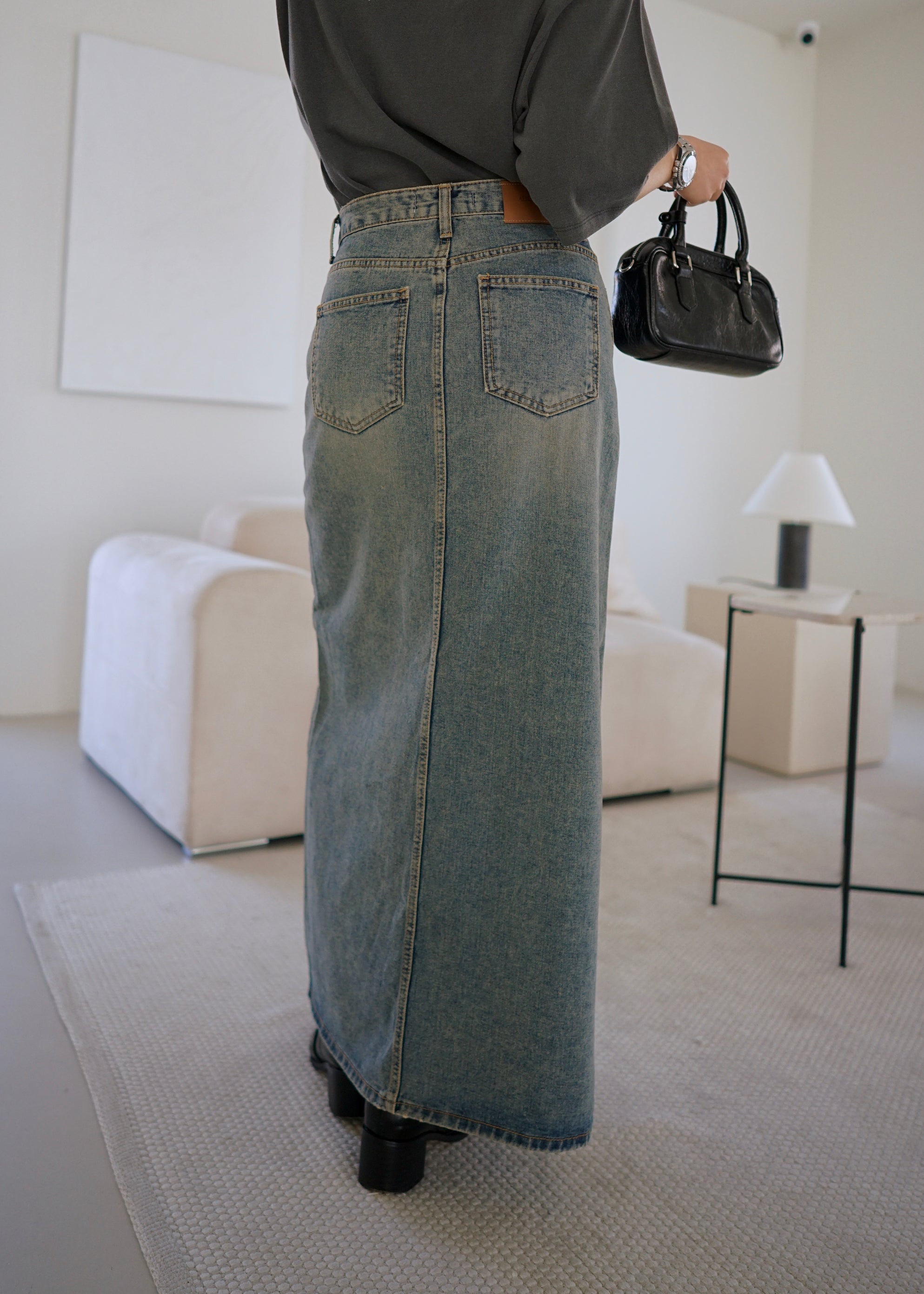 sand wash front slit denim maxi skirt