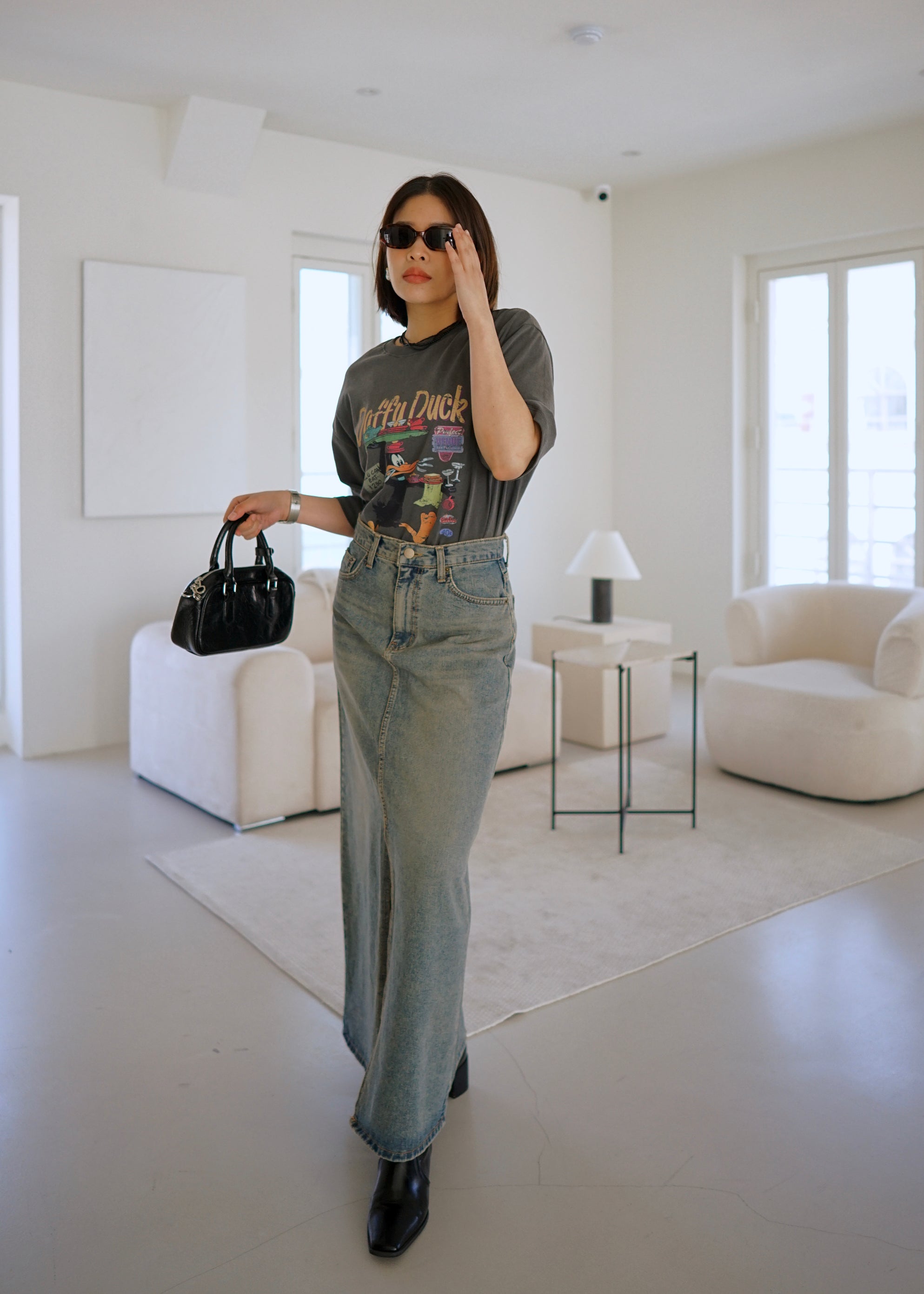 sand wash front slit denim maxi skirt