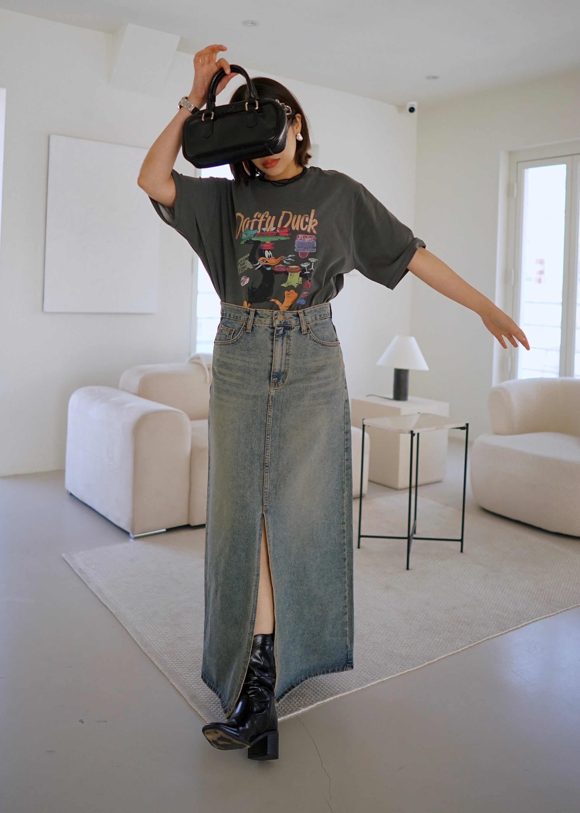 sand wash front slit denim maxi skirt