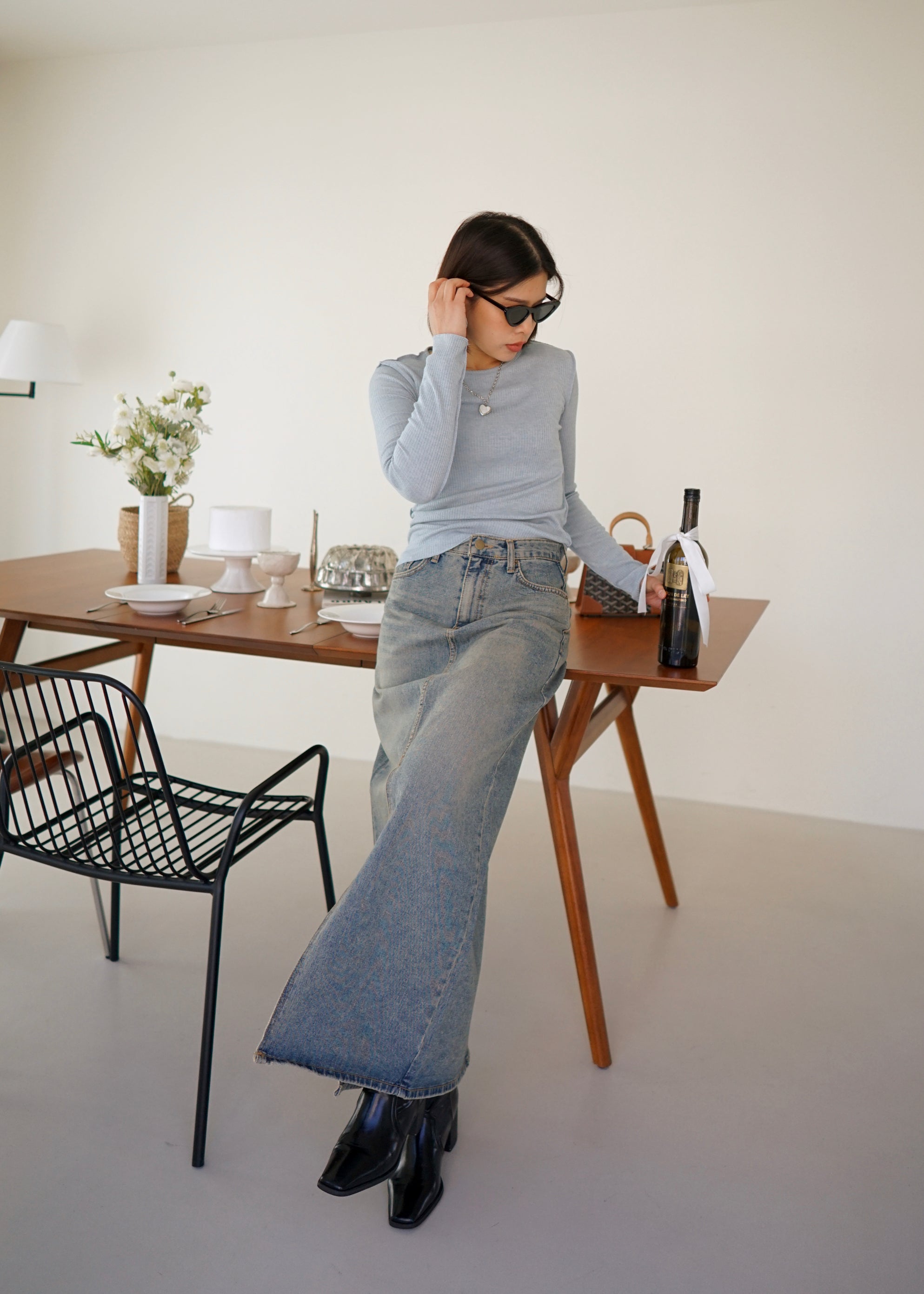 sand wash front slit denim maxi skirt