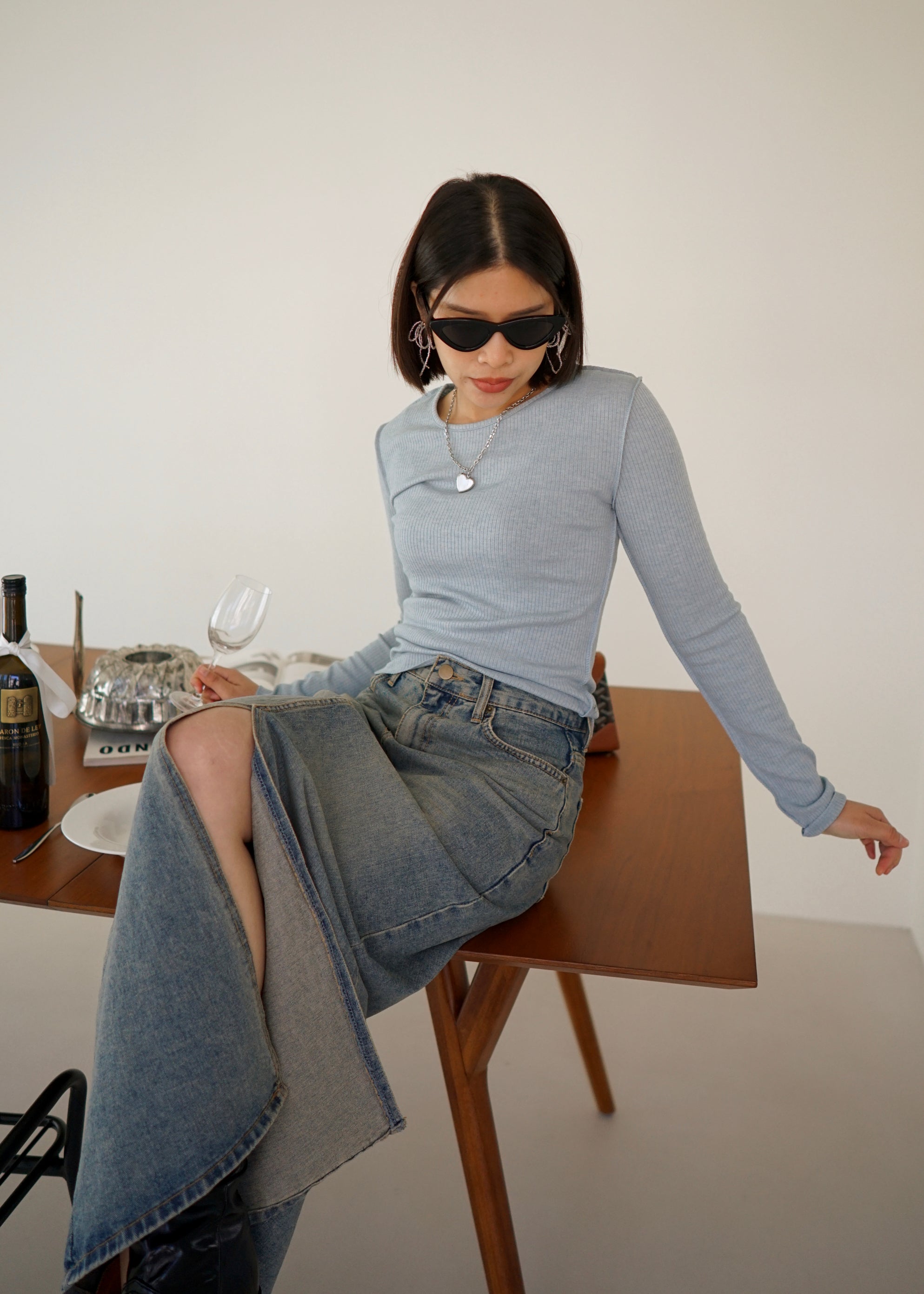sand wash front slit denim maxi skirt