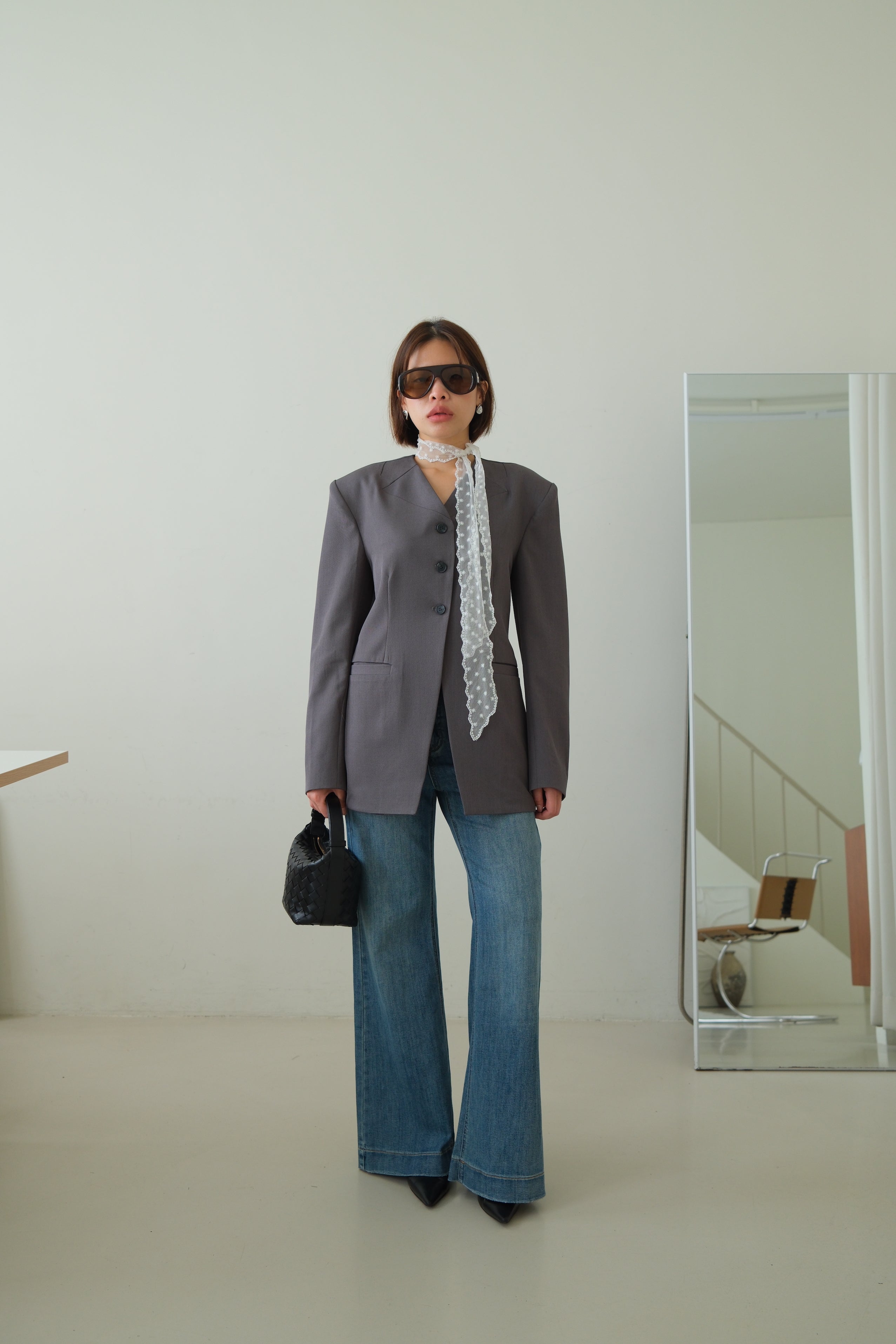 Collarless V-Neck Longline Blazer