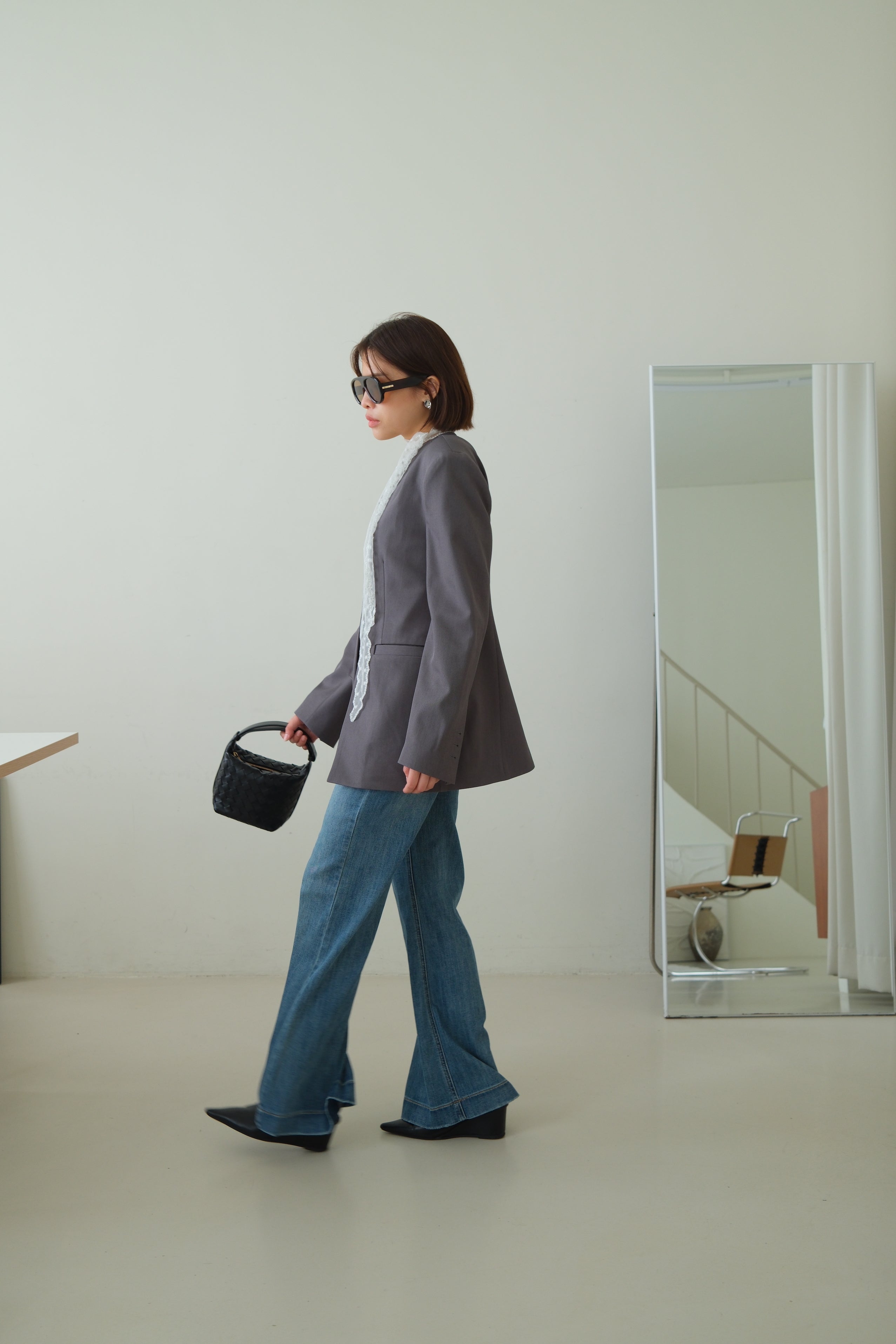 Collarless V-Neck Longline Blazer