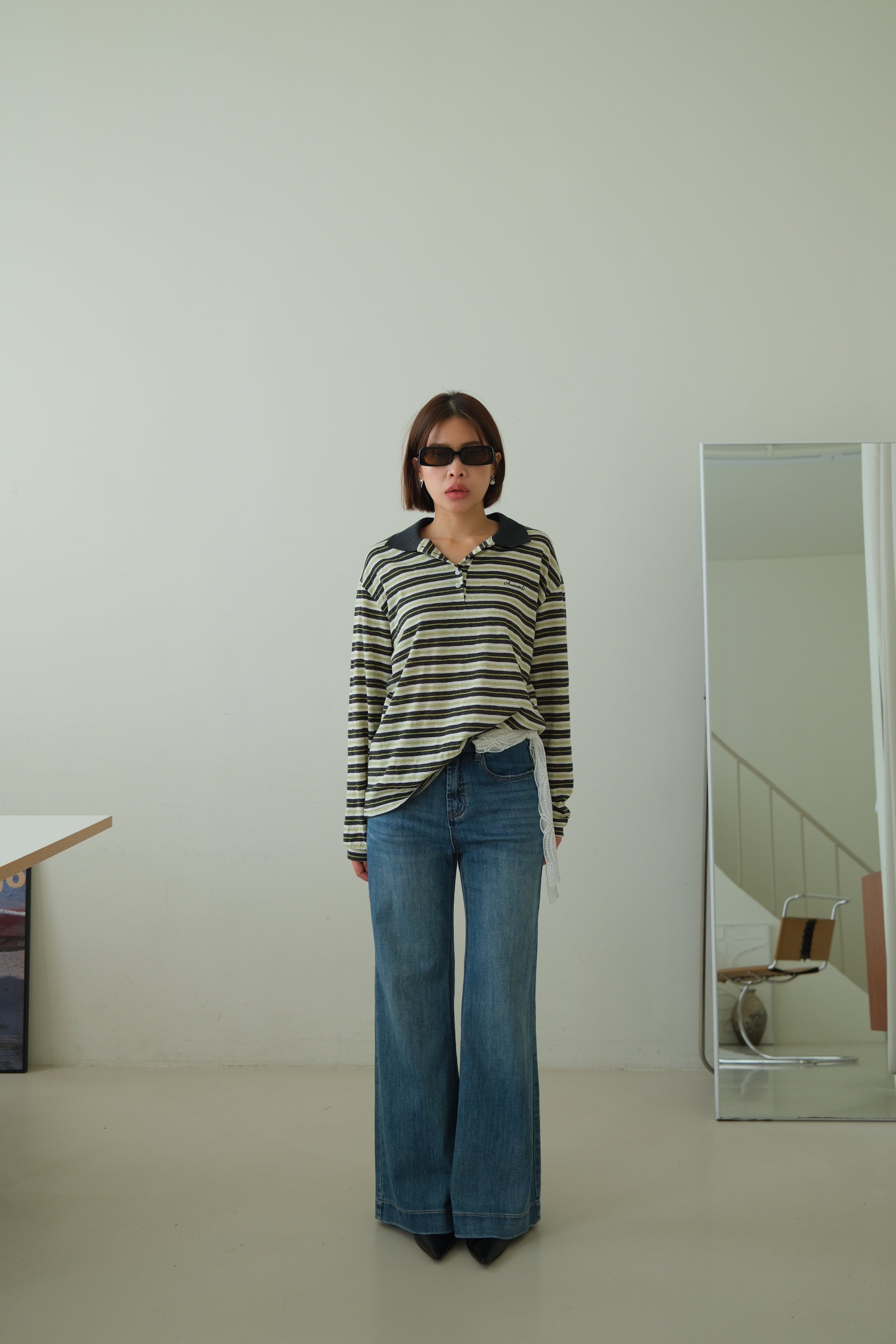 Preppy Striped Polo Long Sleeve Top