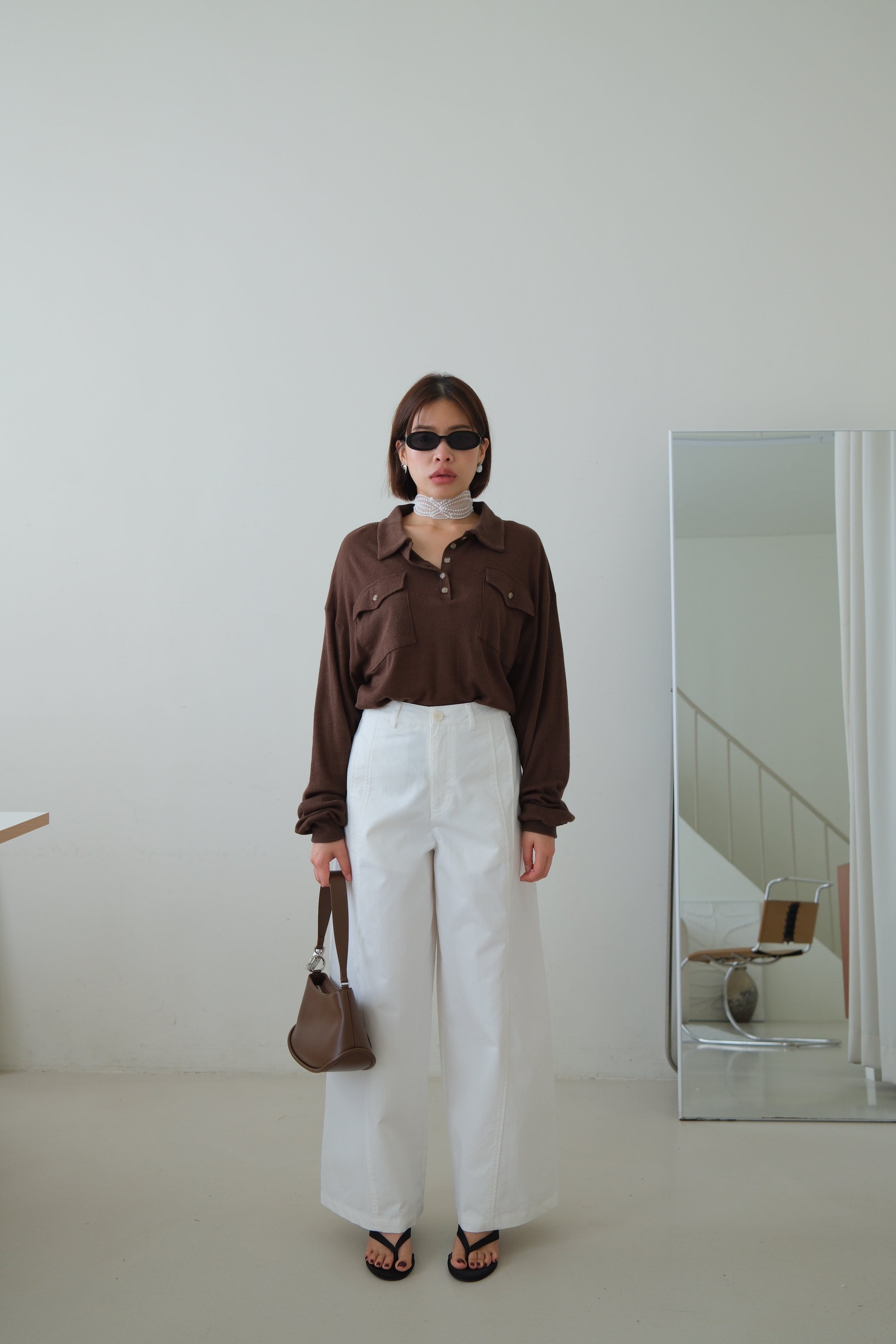 Waffle Knit Polo Long Sleeve Top