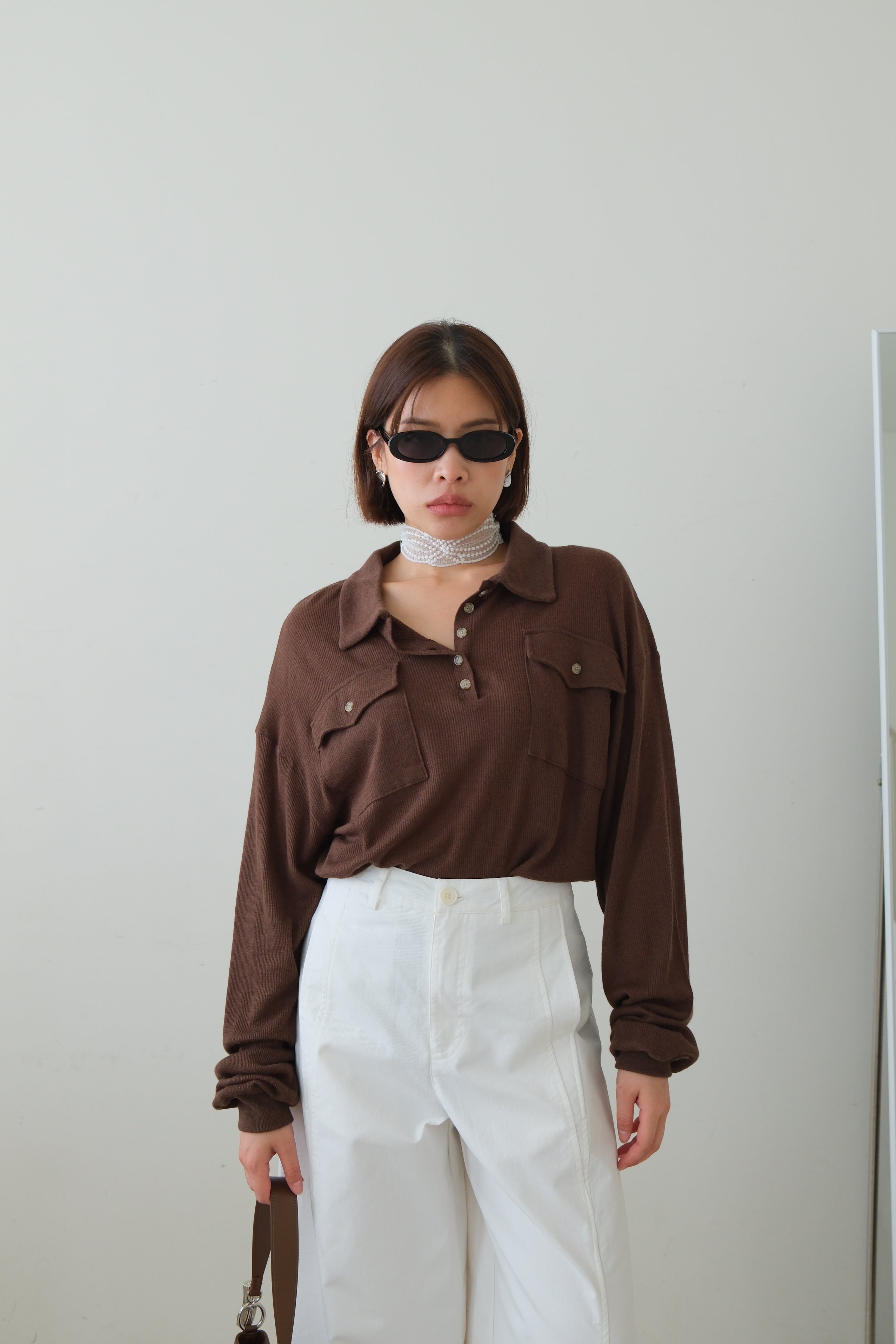 Waffle Knit Polo Long Sleeve Top