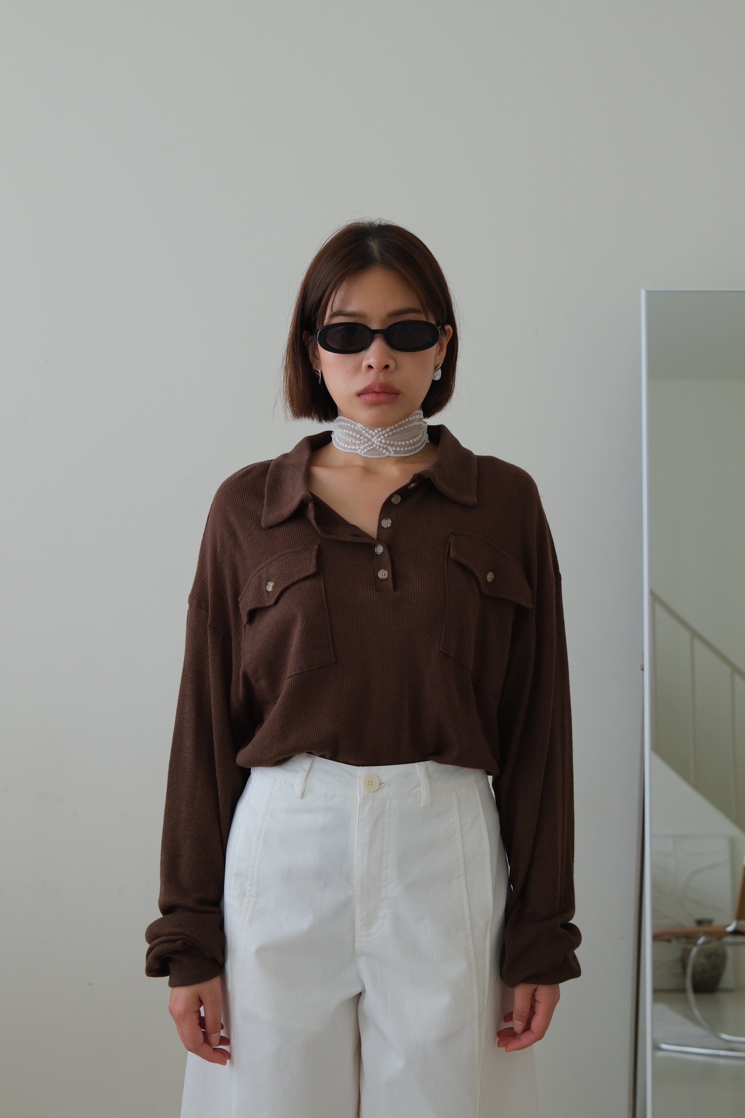 Waffle Knit Polo Long Sleeve Top