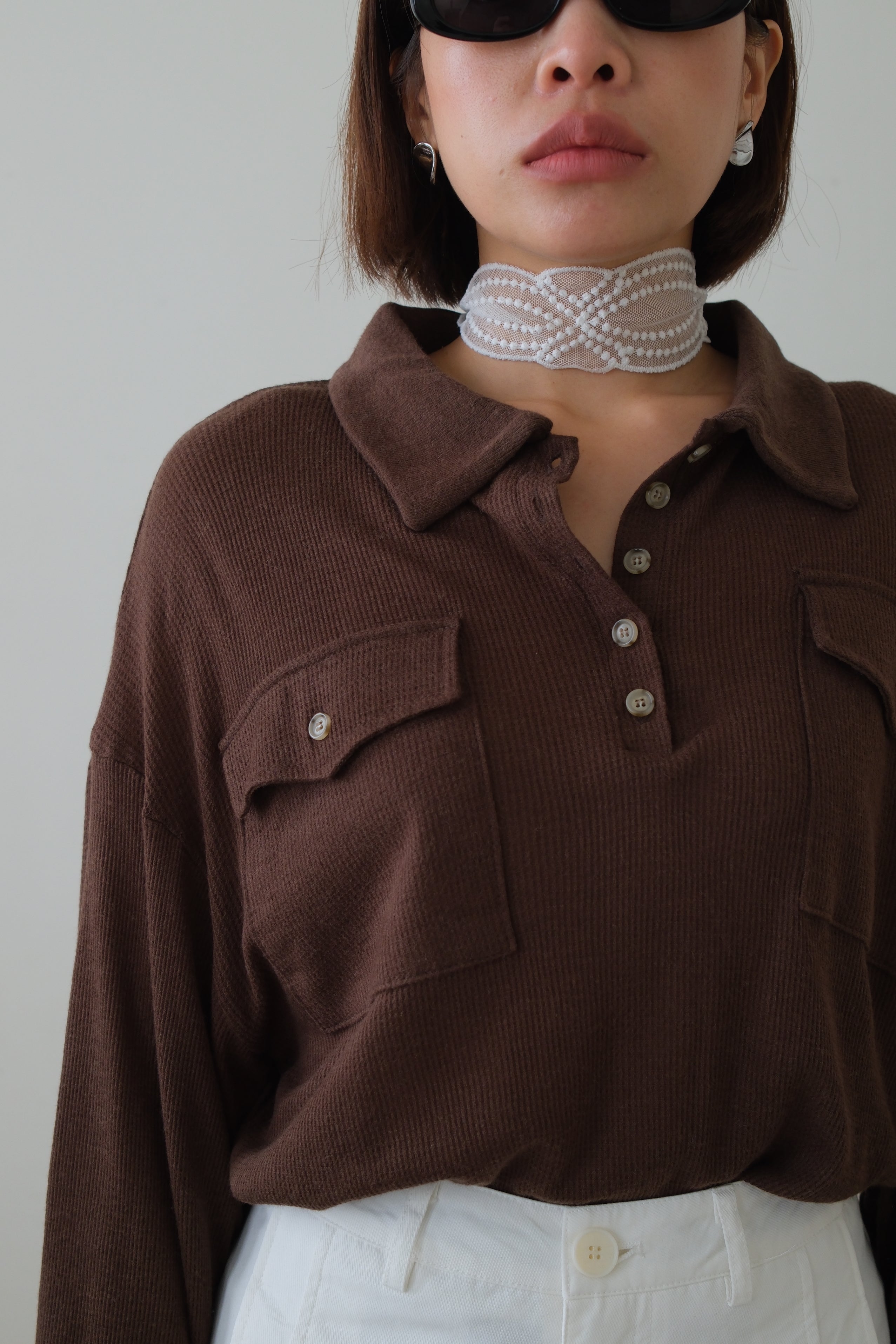 Waffle Knit Polo Long Sleeve Top