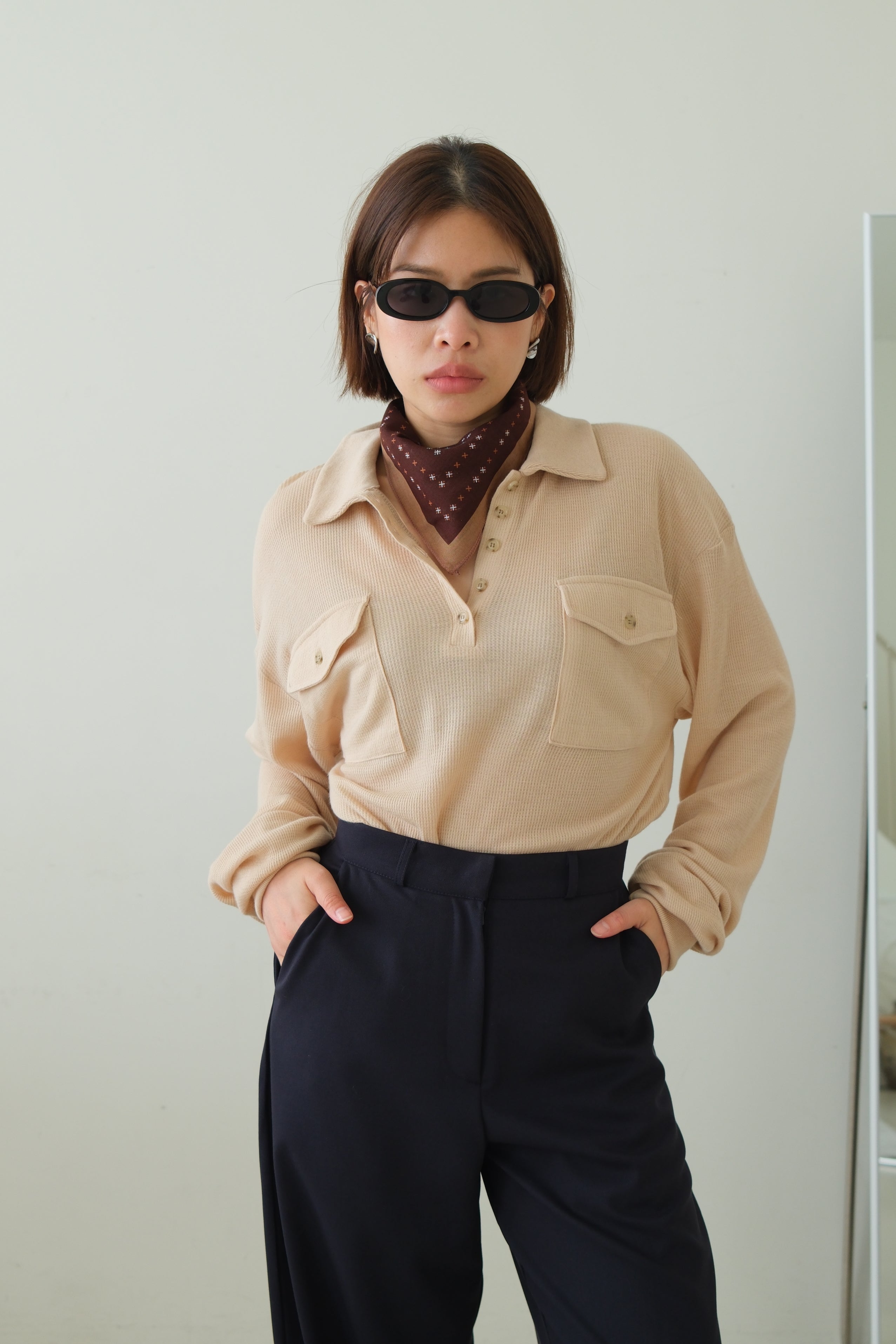 Waffle Knit Polo Long Sleeve Top