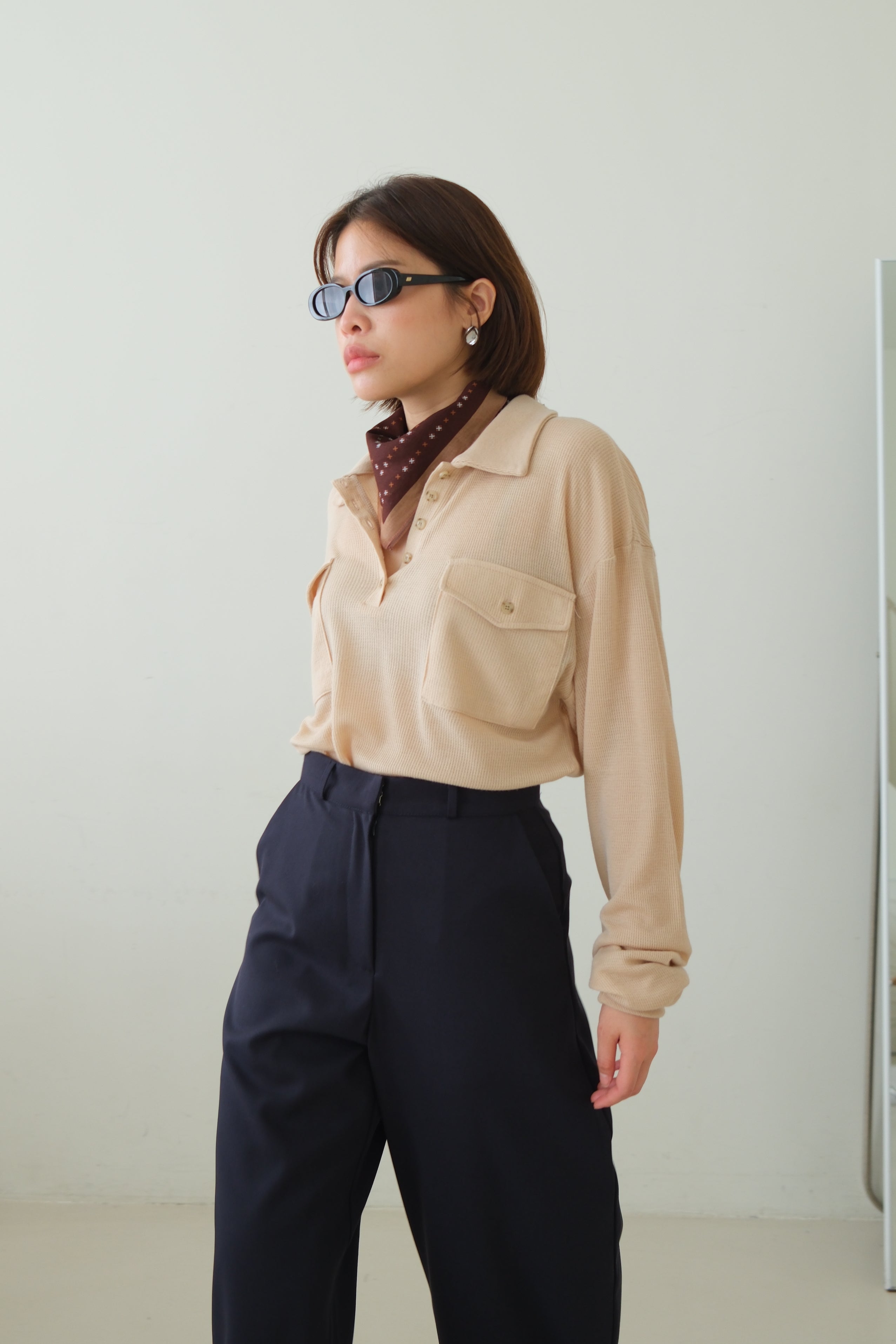 Waffle Knit Polo Long Sleeve Top