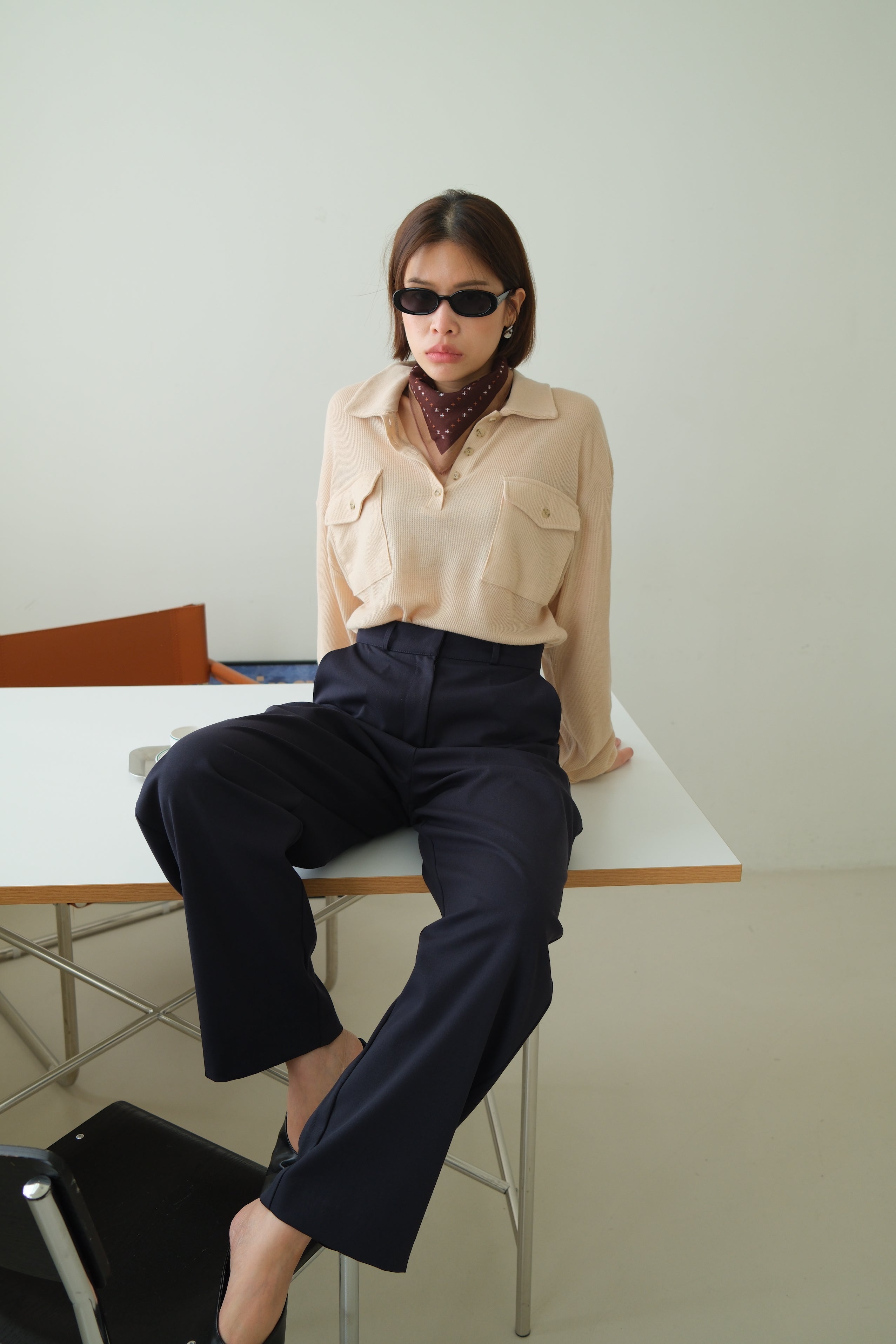 Waffle Knit Polo Long Sleeve Top