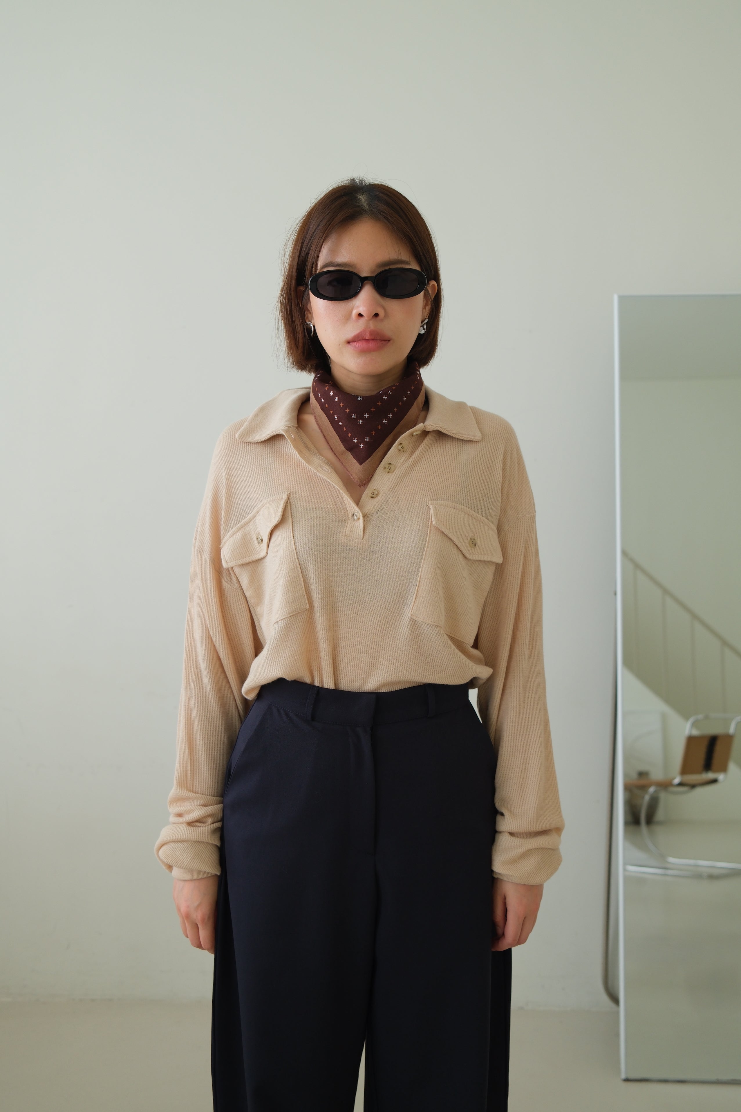 Waffle Knit Polo Long Sleeve Top