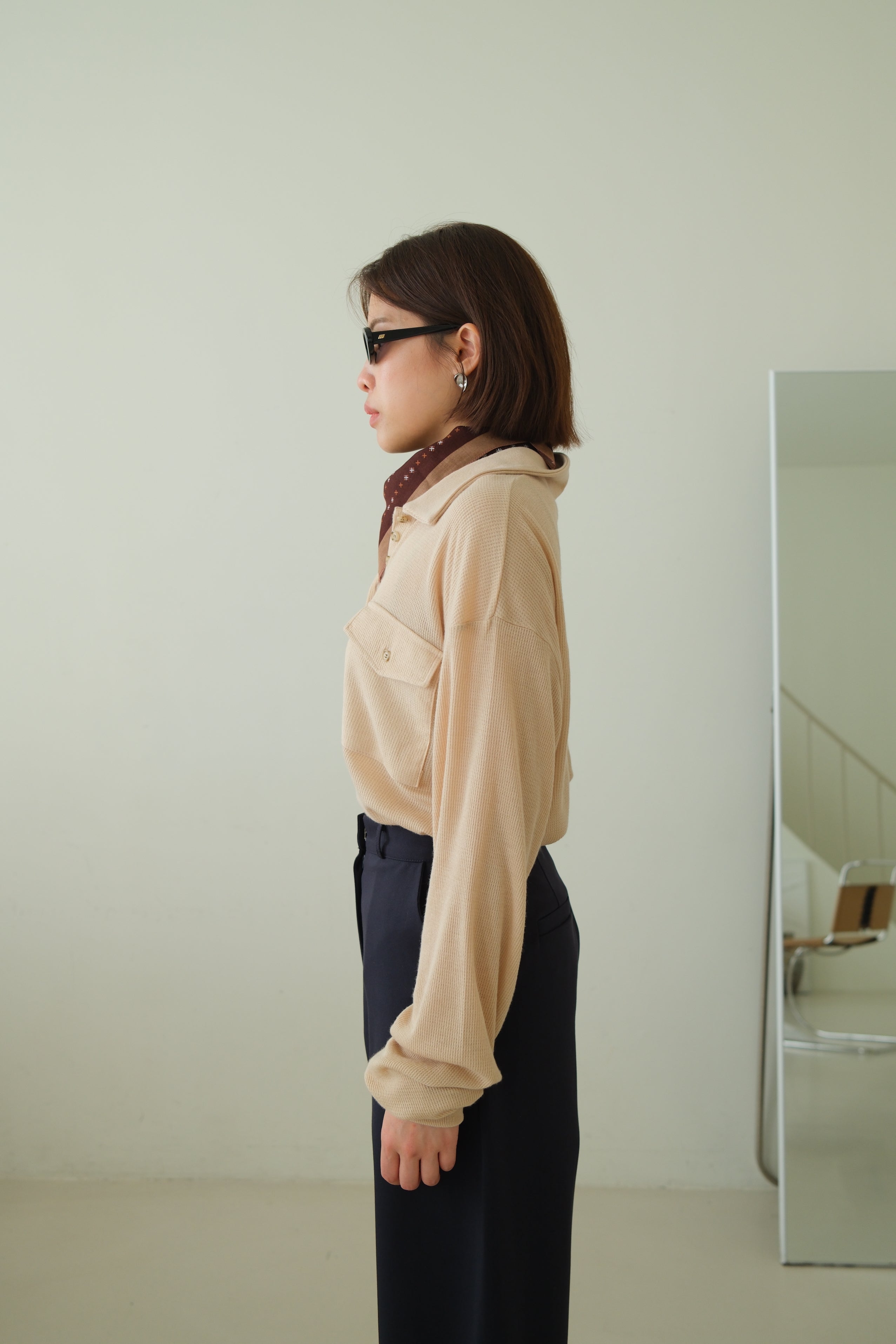 Waffle Knit Polo Long Sleeve Top