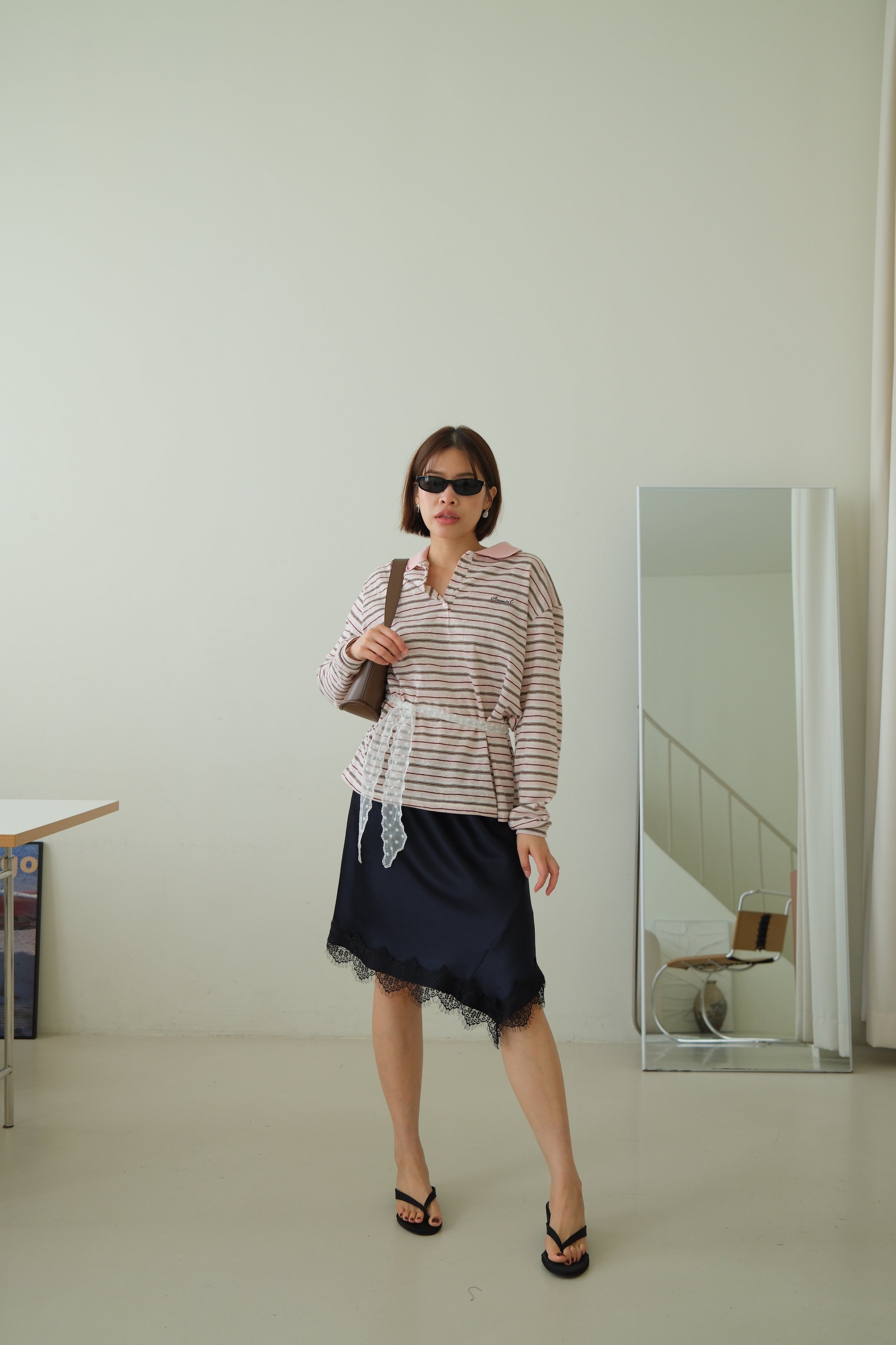 Frances Asymmetric Lace Hem Satin Skirt