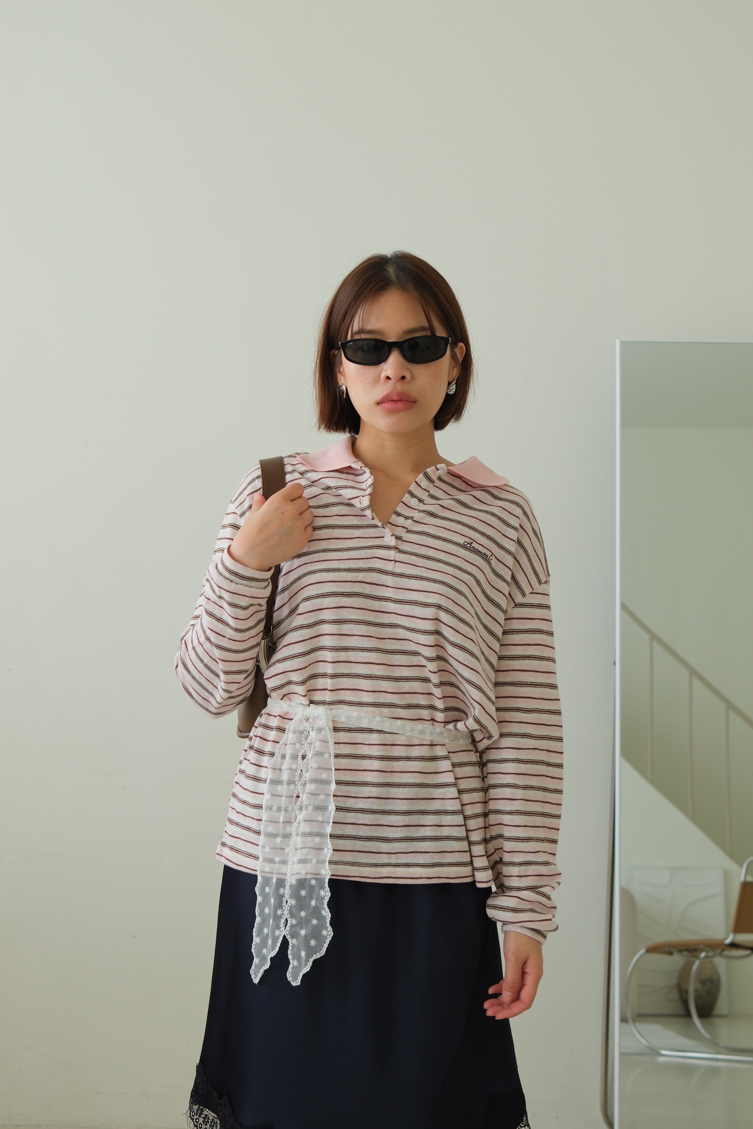 Preppy Striped Polo Long Sleeve Top