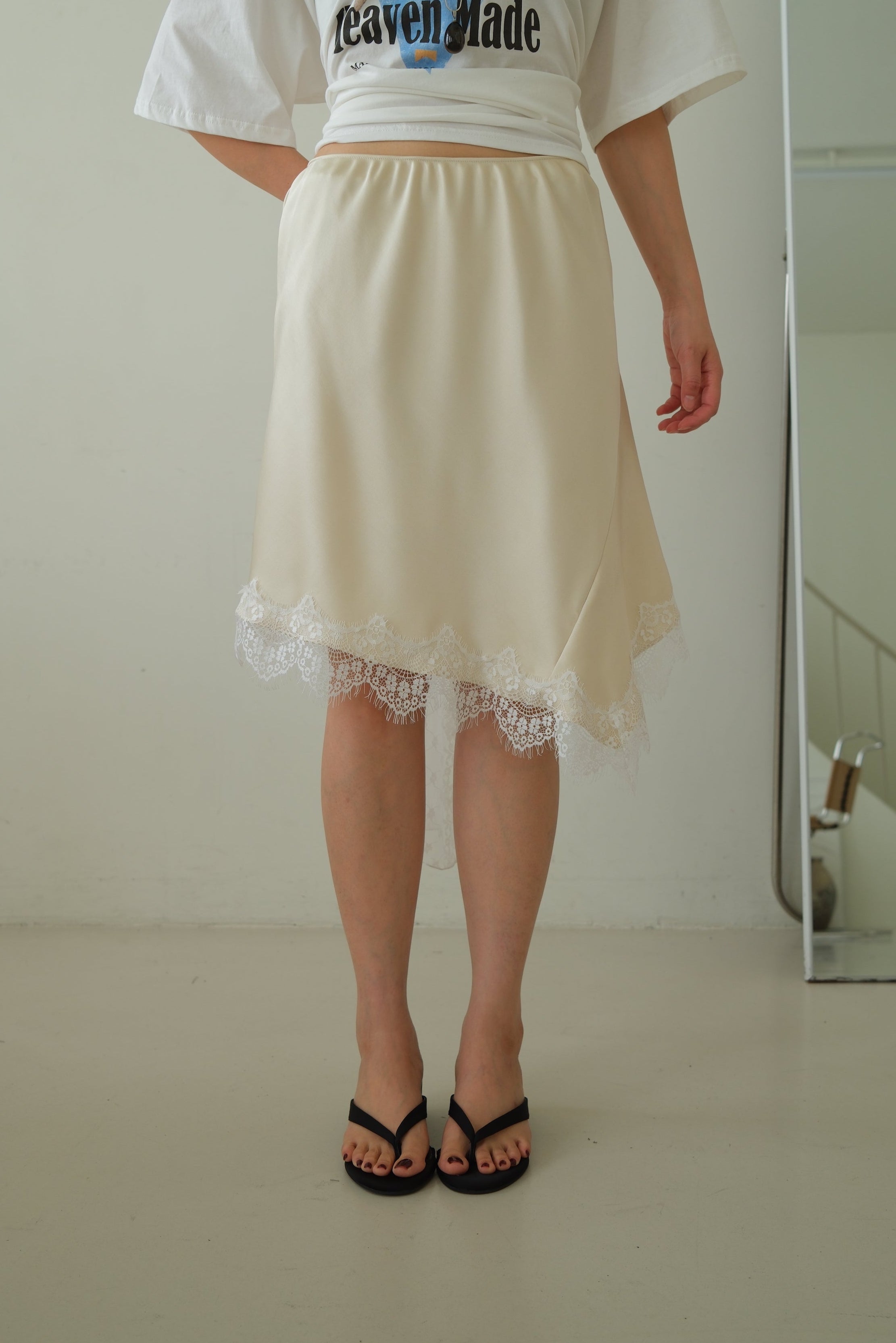Frances Asymmetric Lace Hem Satin Skirt