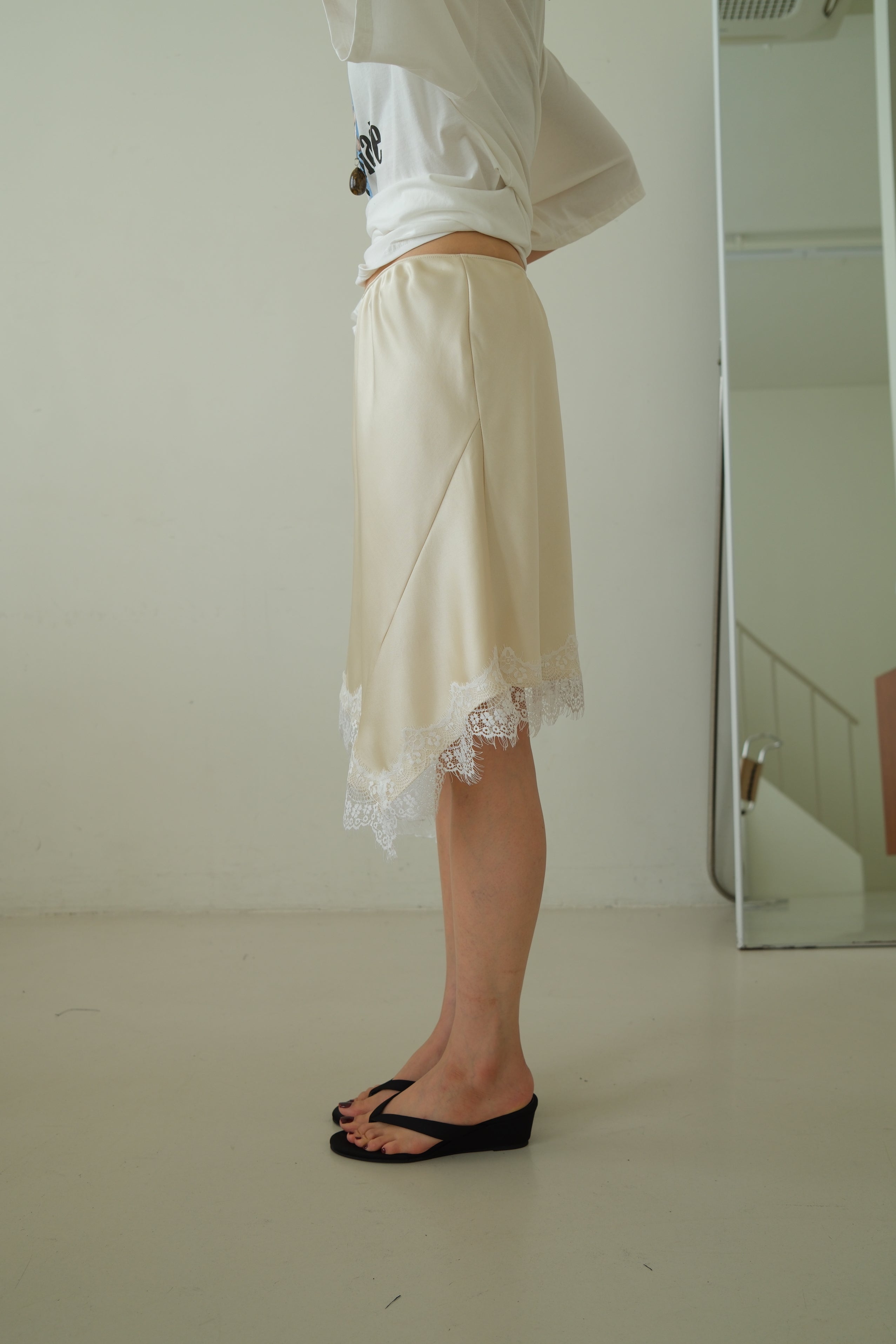 Frances Asymmetric Lace Hem Satin Skirt