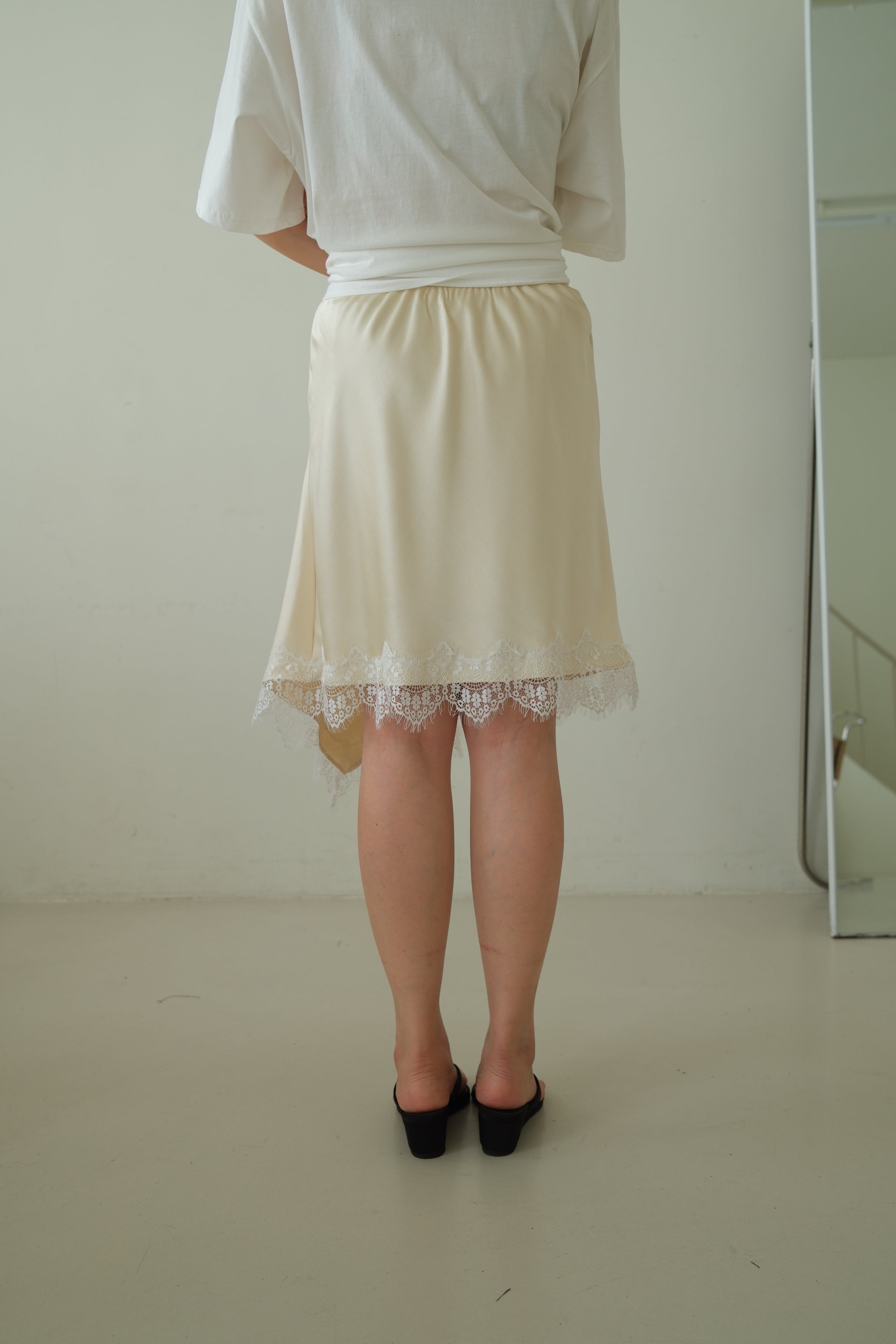 Frances Asymmetric Lace Hem Satin Skirt