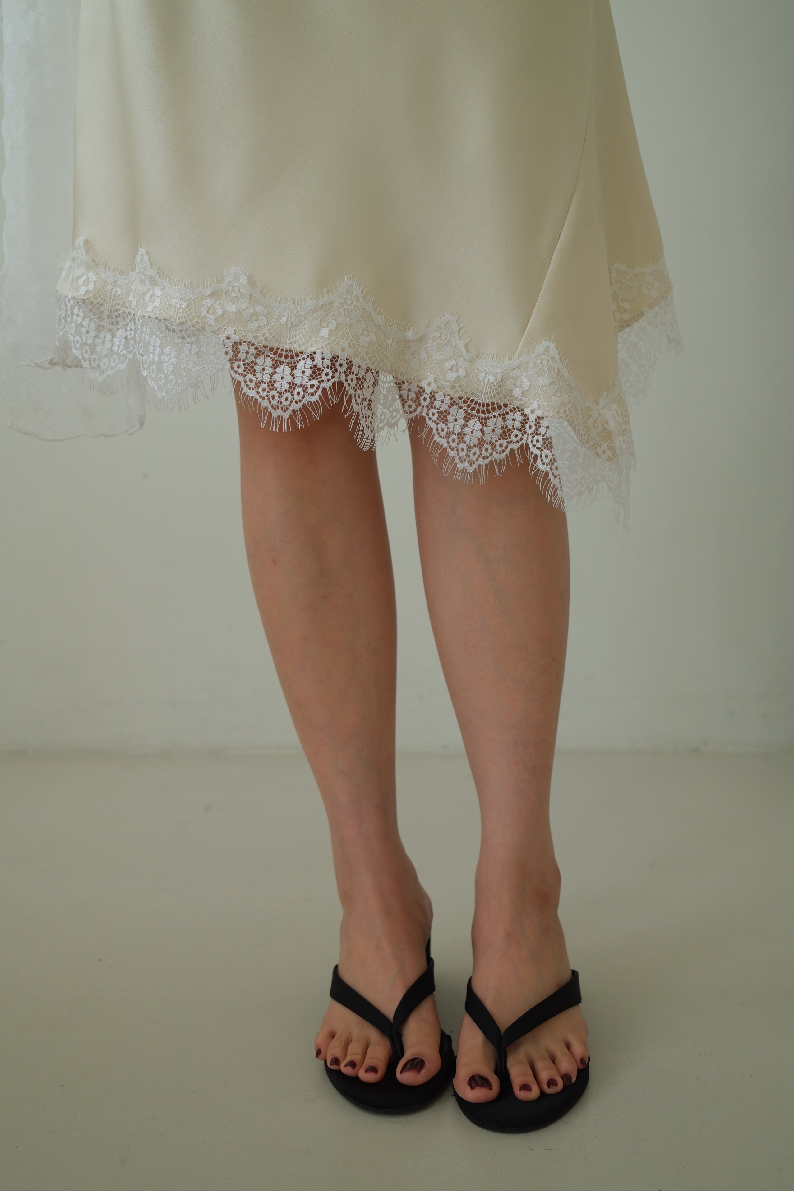 Frances Asymmetric Lace Hem Satin Skirt