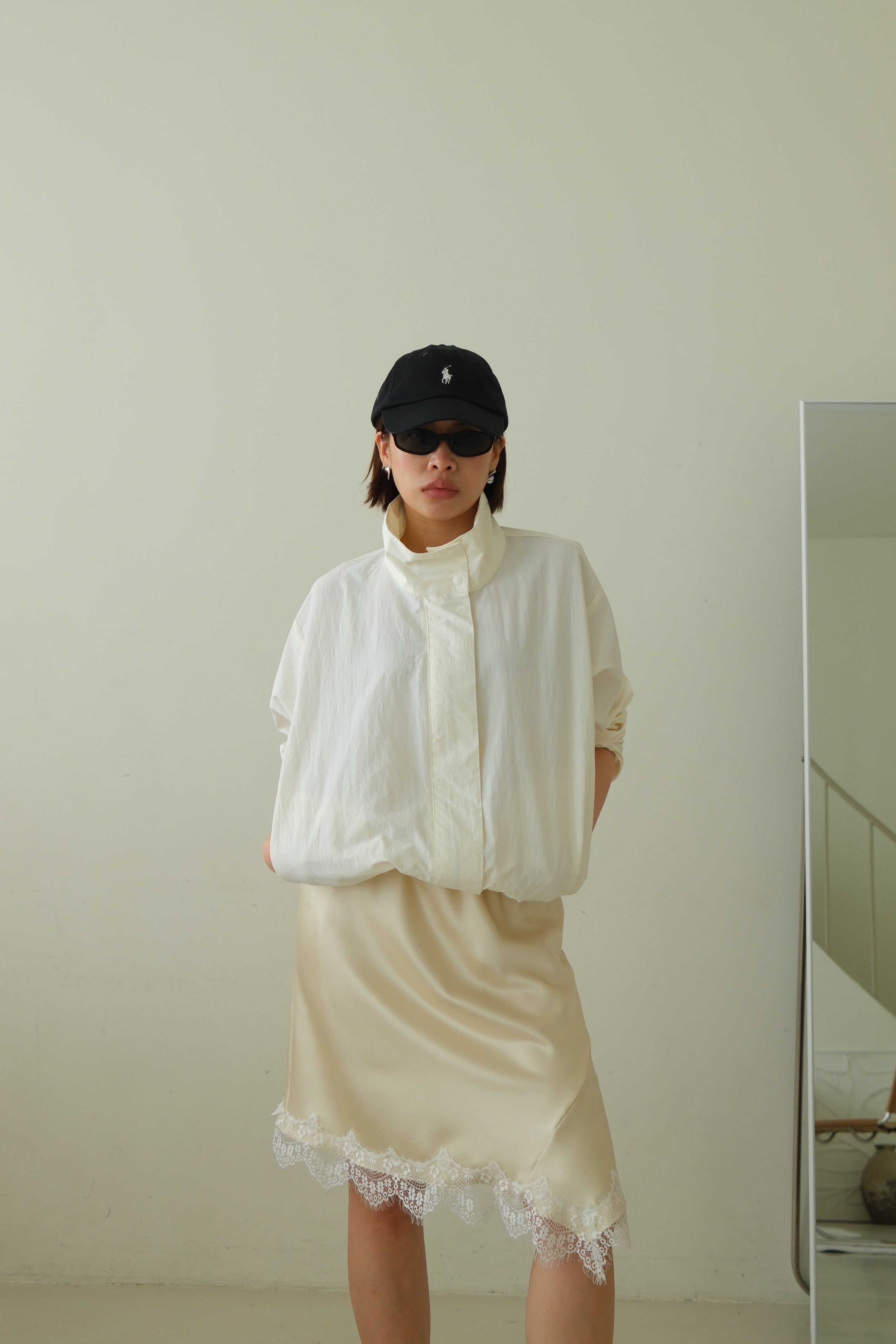 Frances Asymmetric Lace Hem Satin Skirt