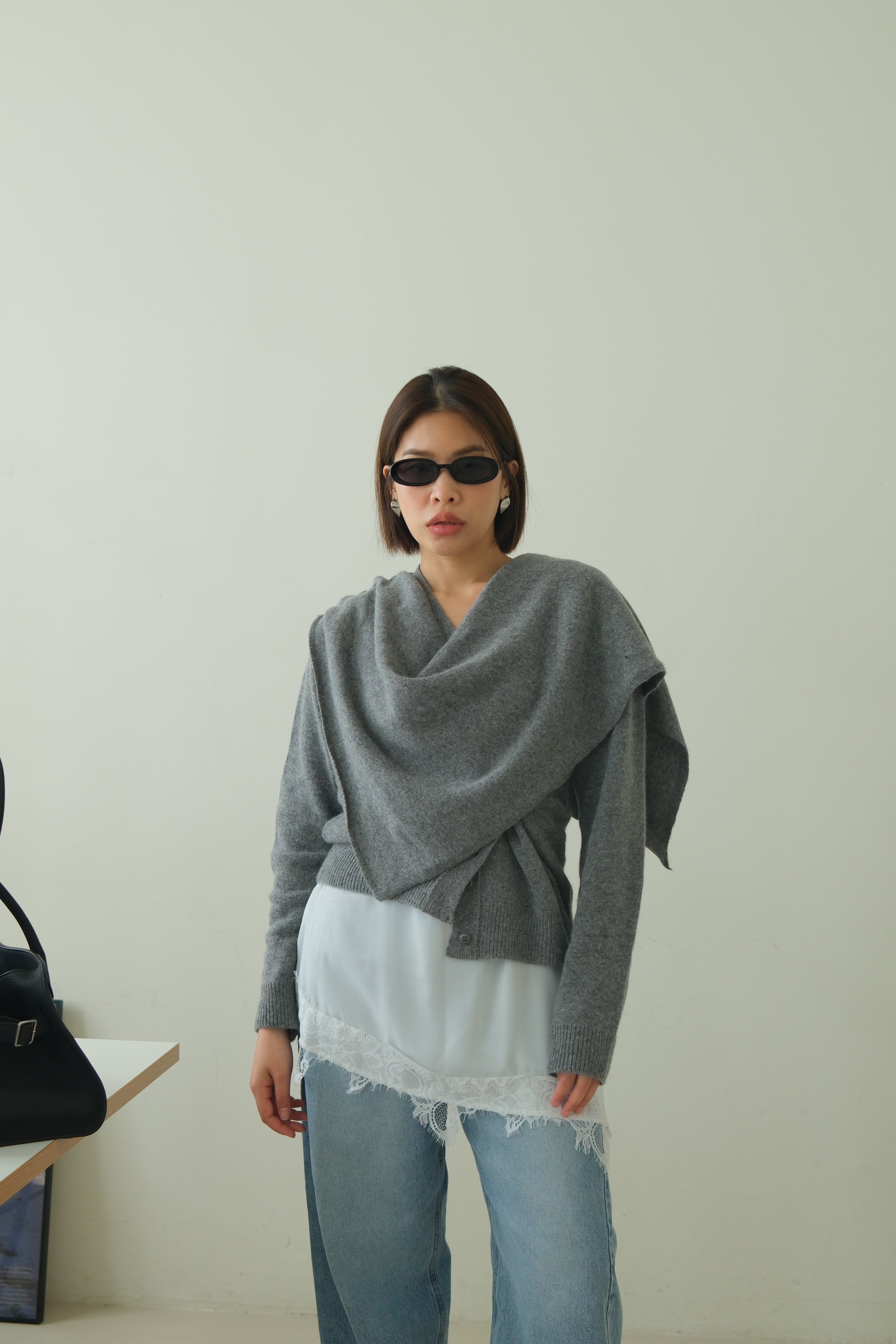 Rac scarf button cardigan (detachable scarf)