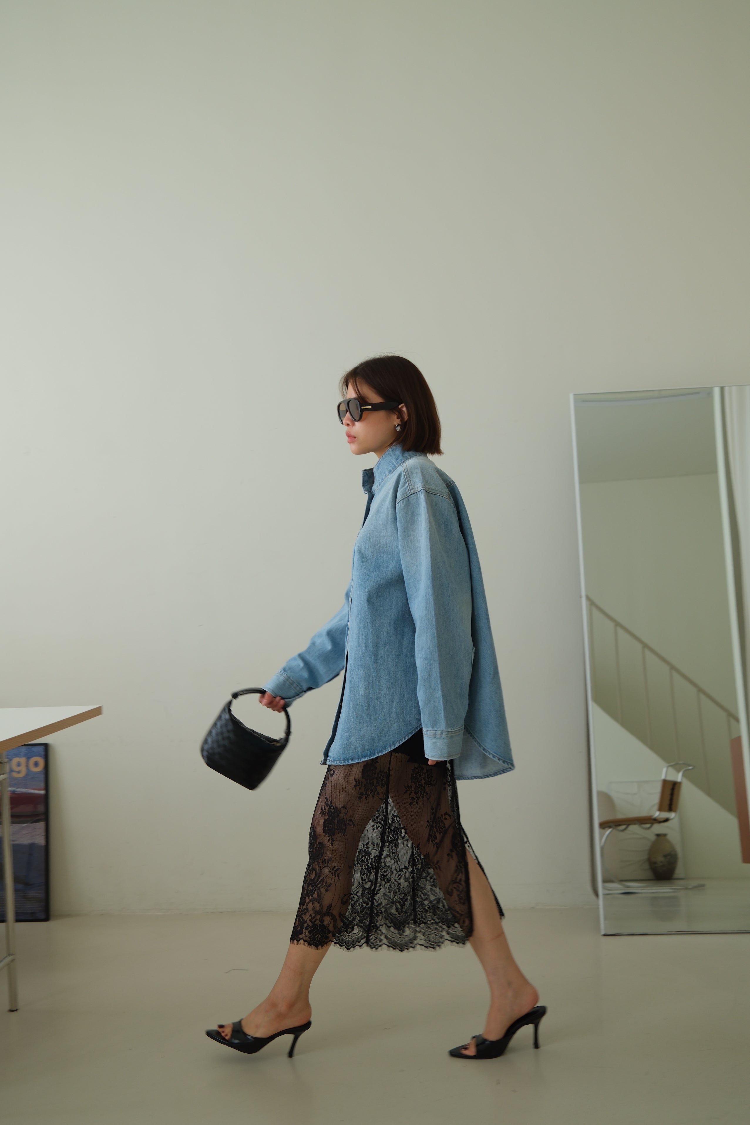 Mandarin Collar Denim Shirt Jacket