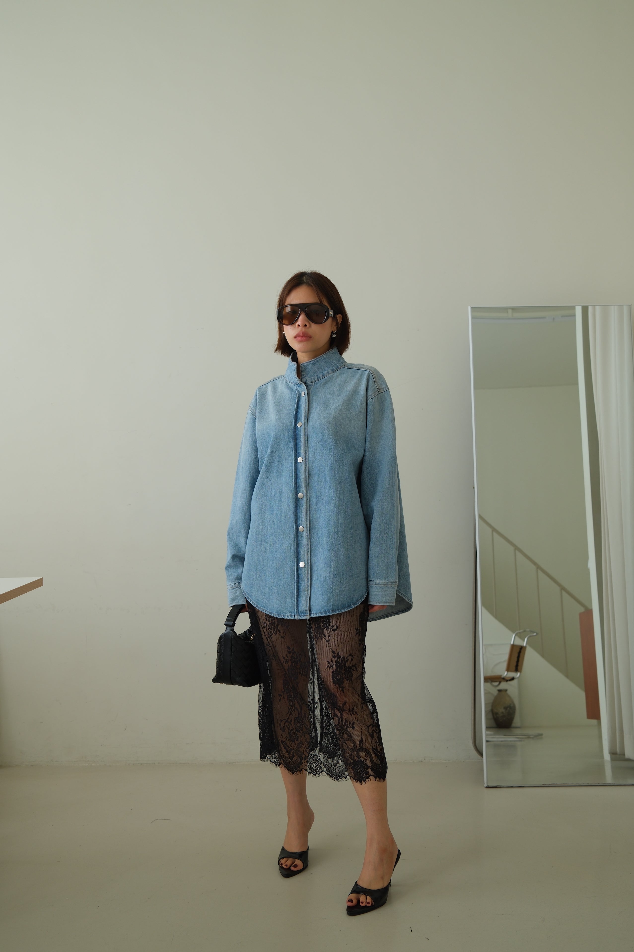 Mandarin Collar Denim Shirt Jacket