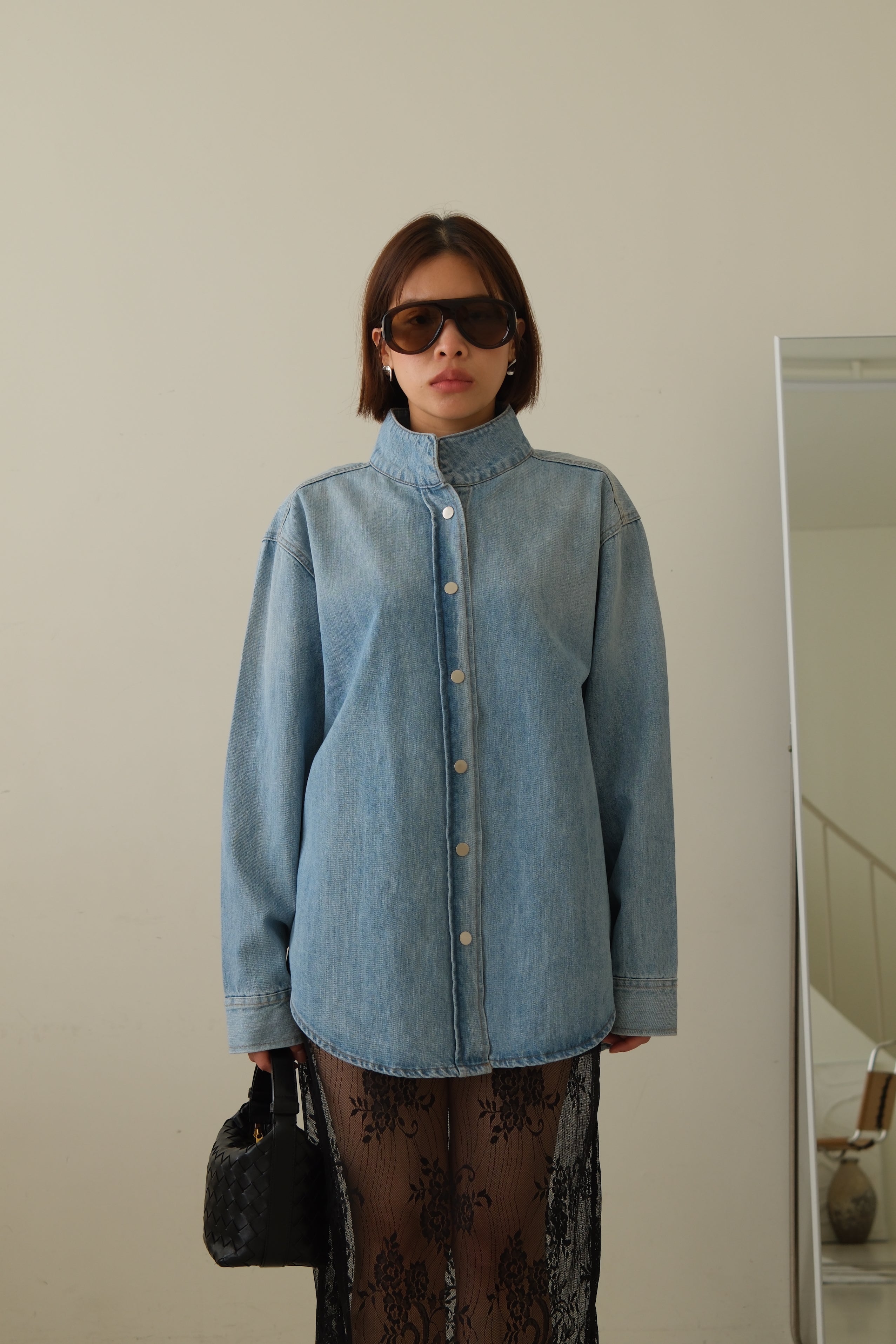 Mandarin Collar Denim Shirt Jacket