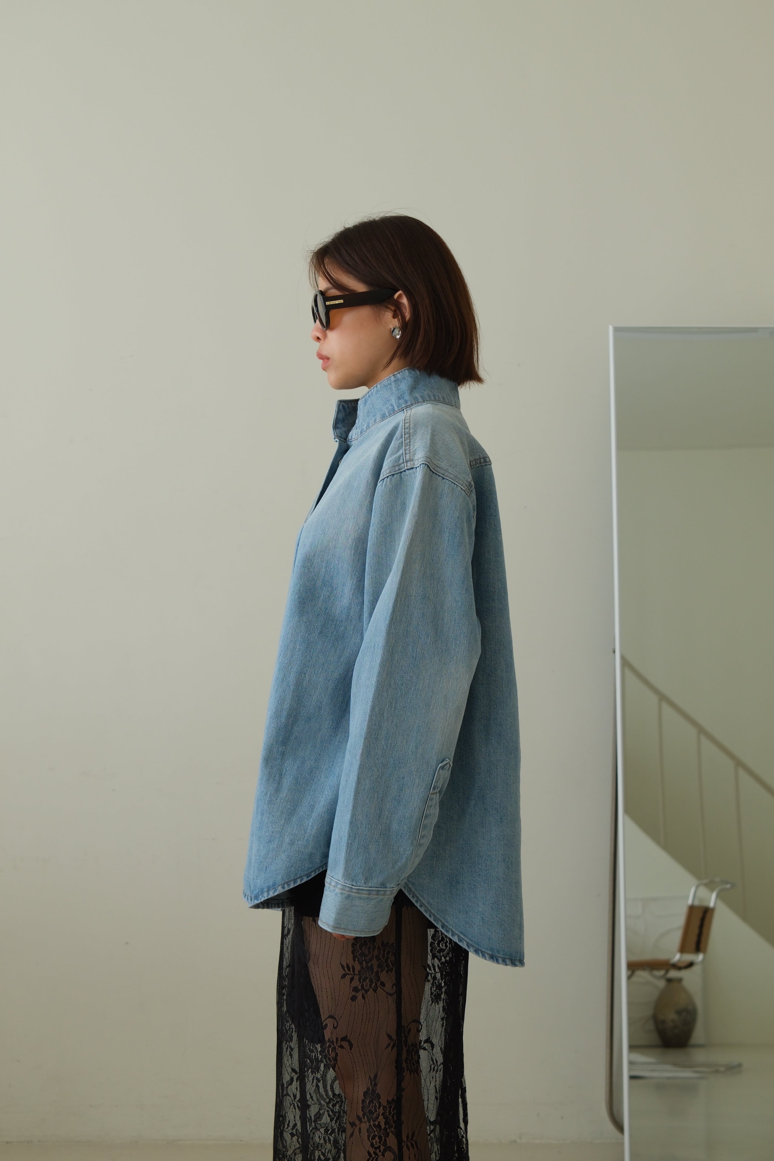 Mandarin Collar Denim Shirt Jacket