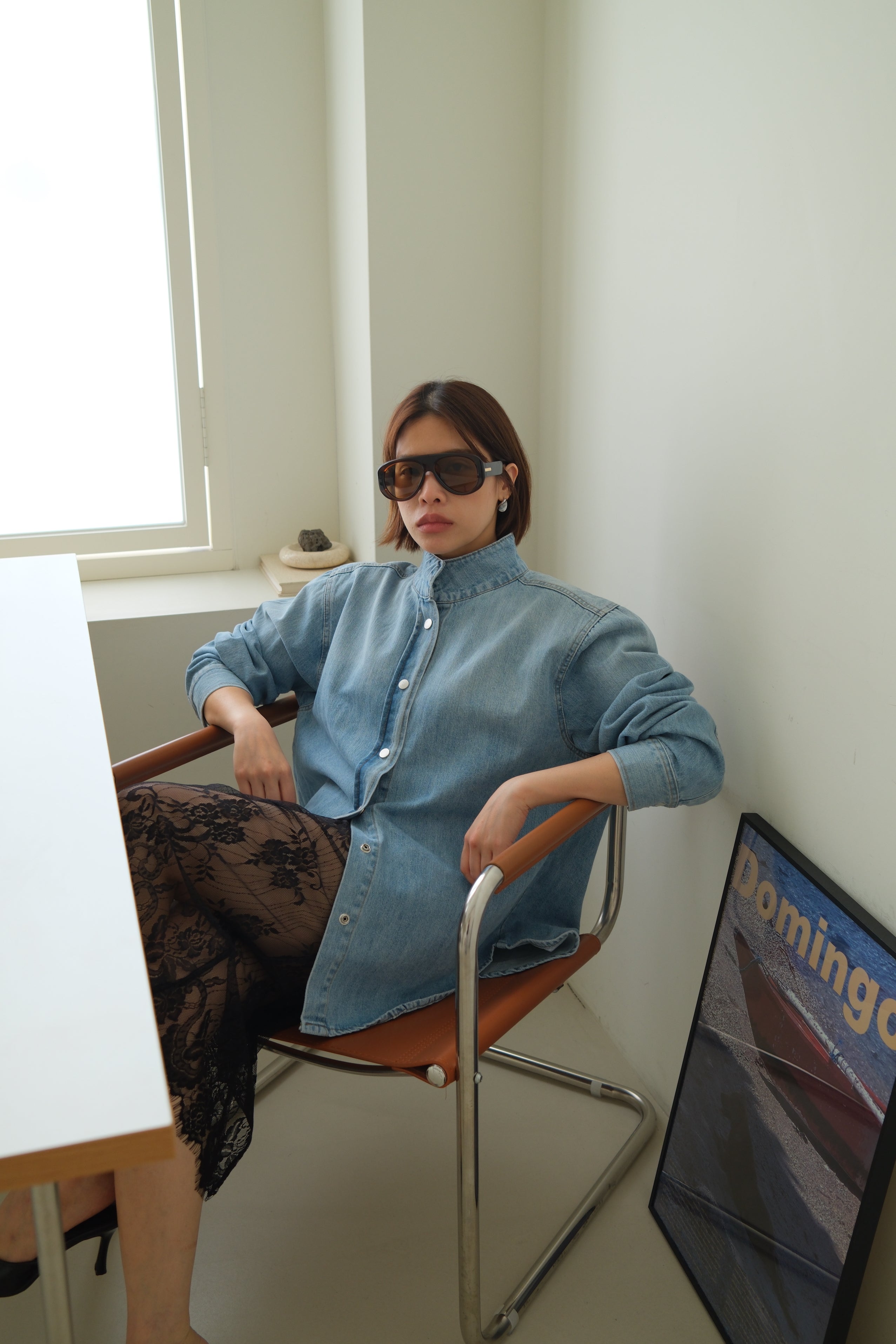 Mandarin Collar Denim Shirt Jacket