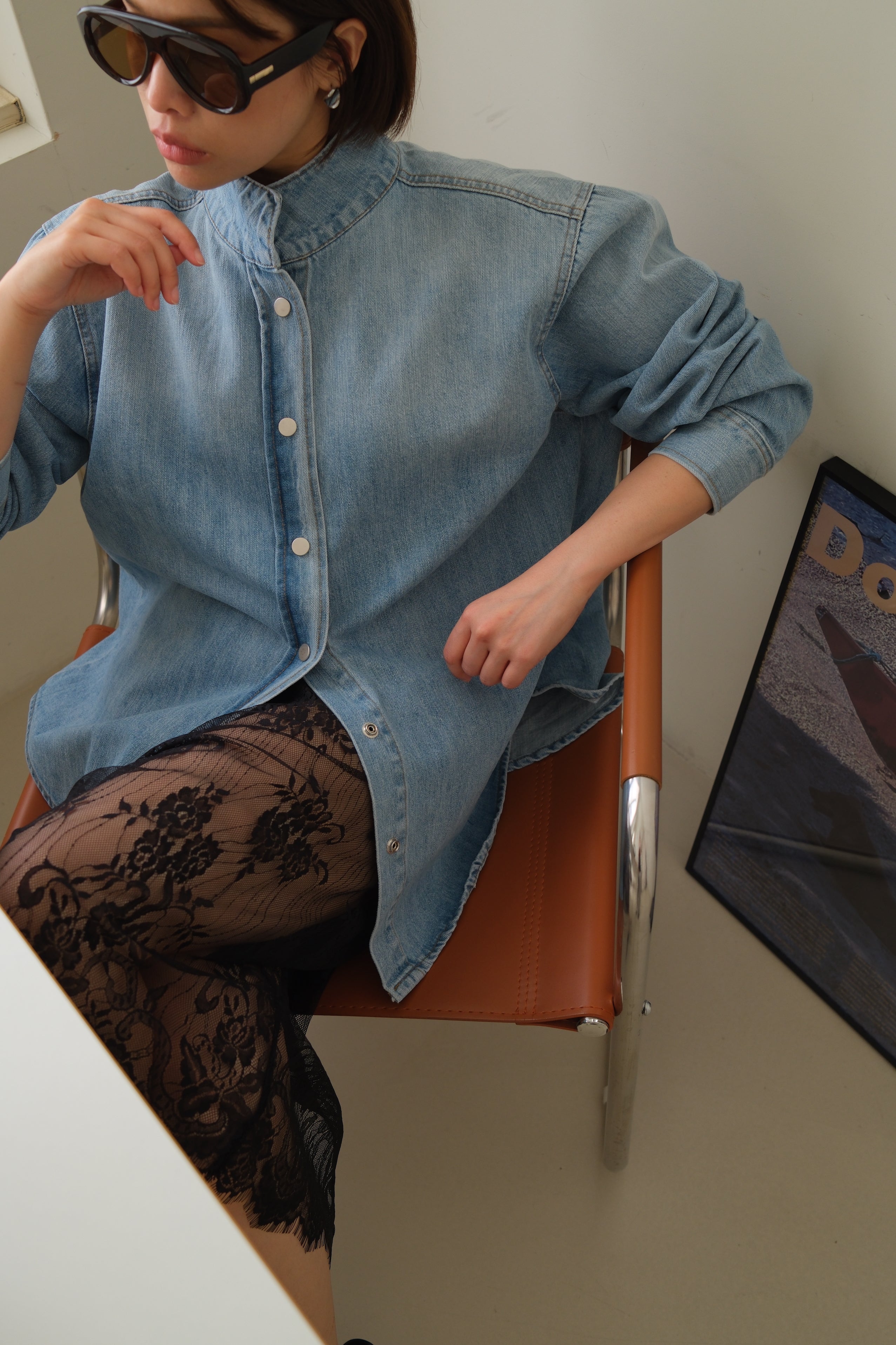 Mandarin Collar Denim Shirt Jacket