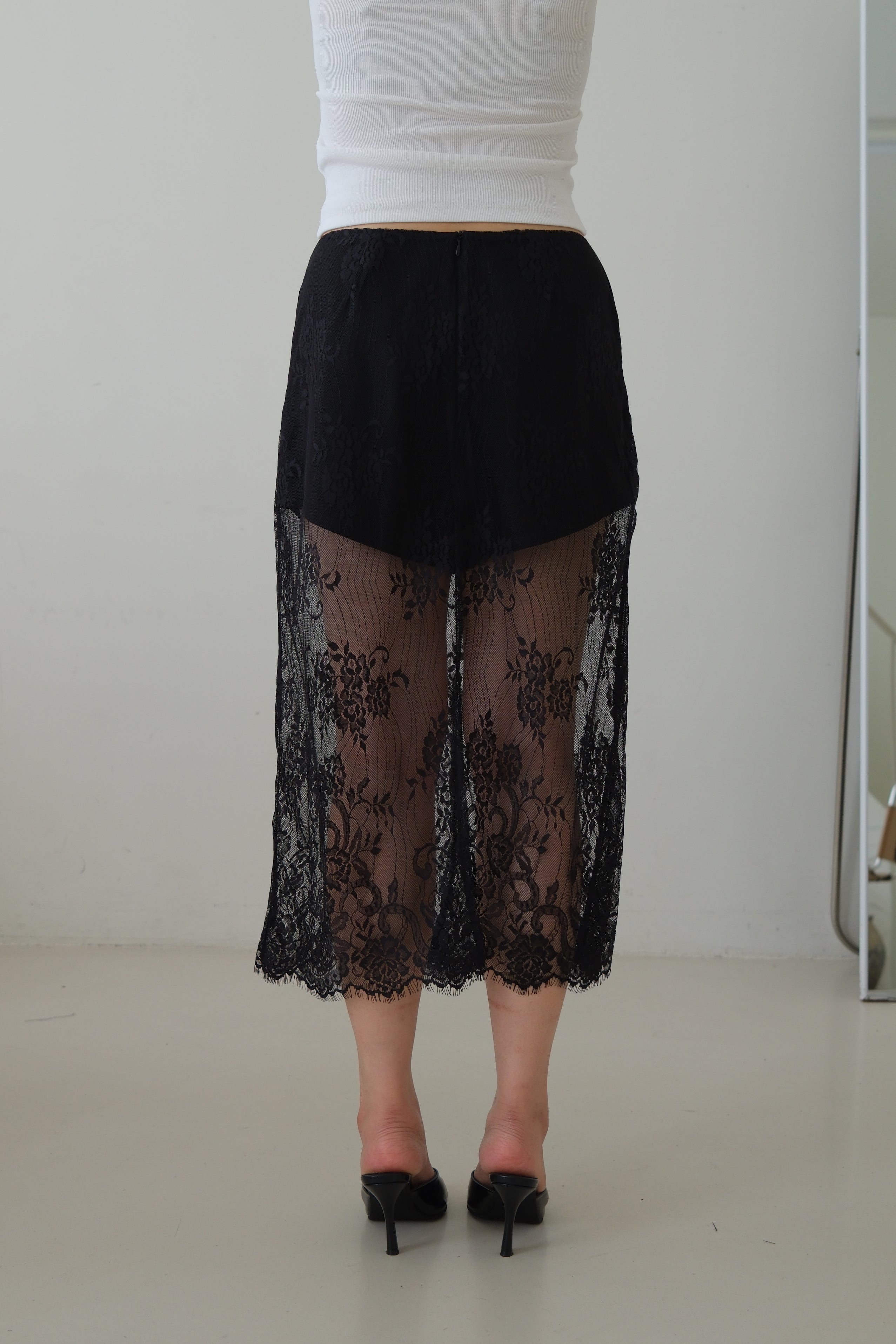 Shaw Sheer Lace Midi Skirt with Inner Shorts
