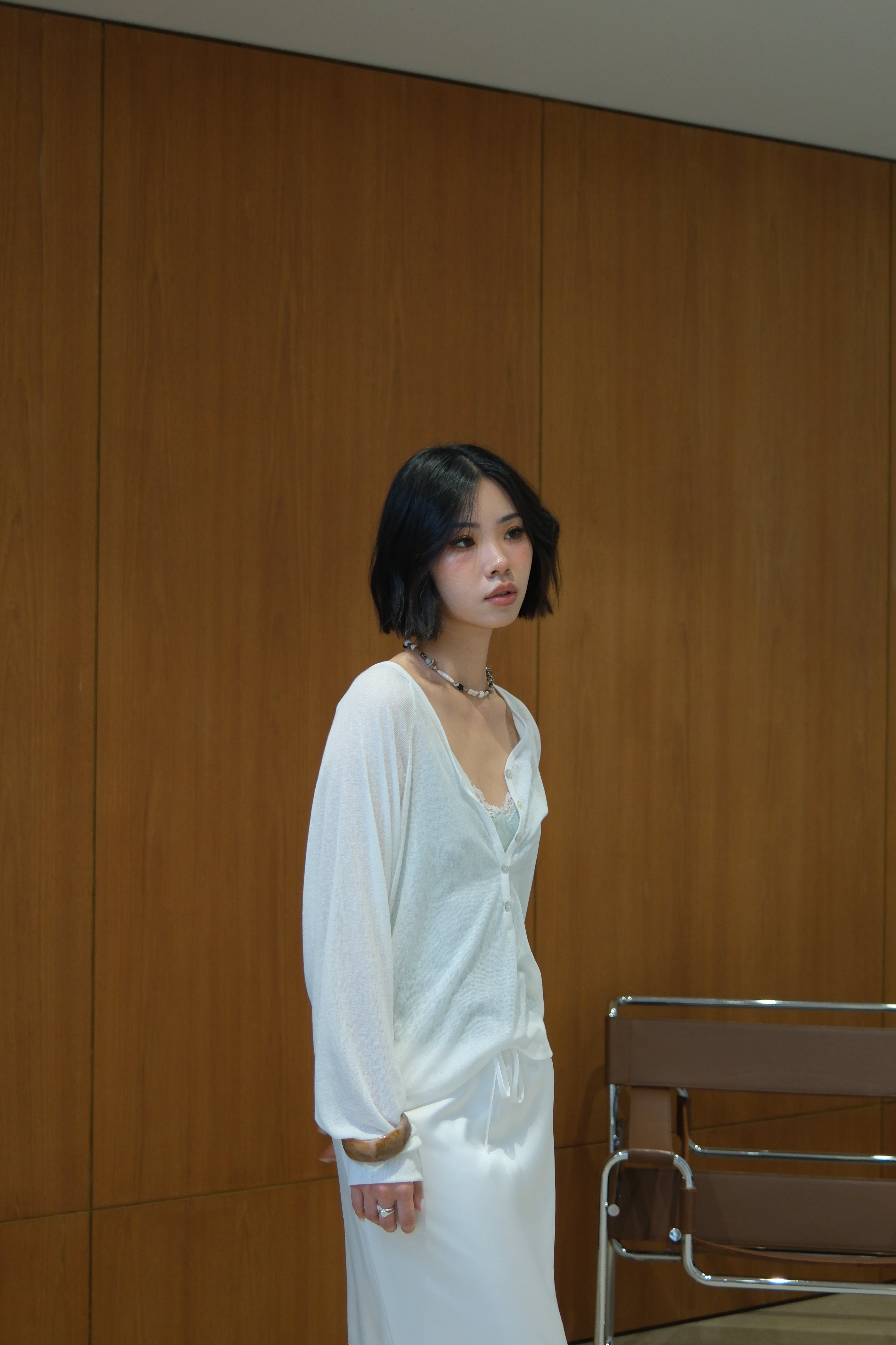 Linear V-Neck Half-Button Top