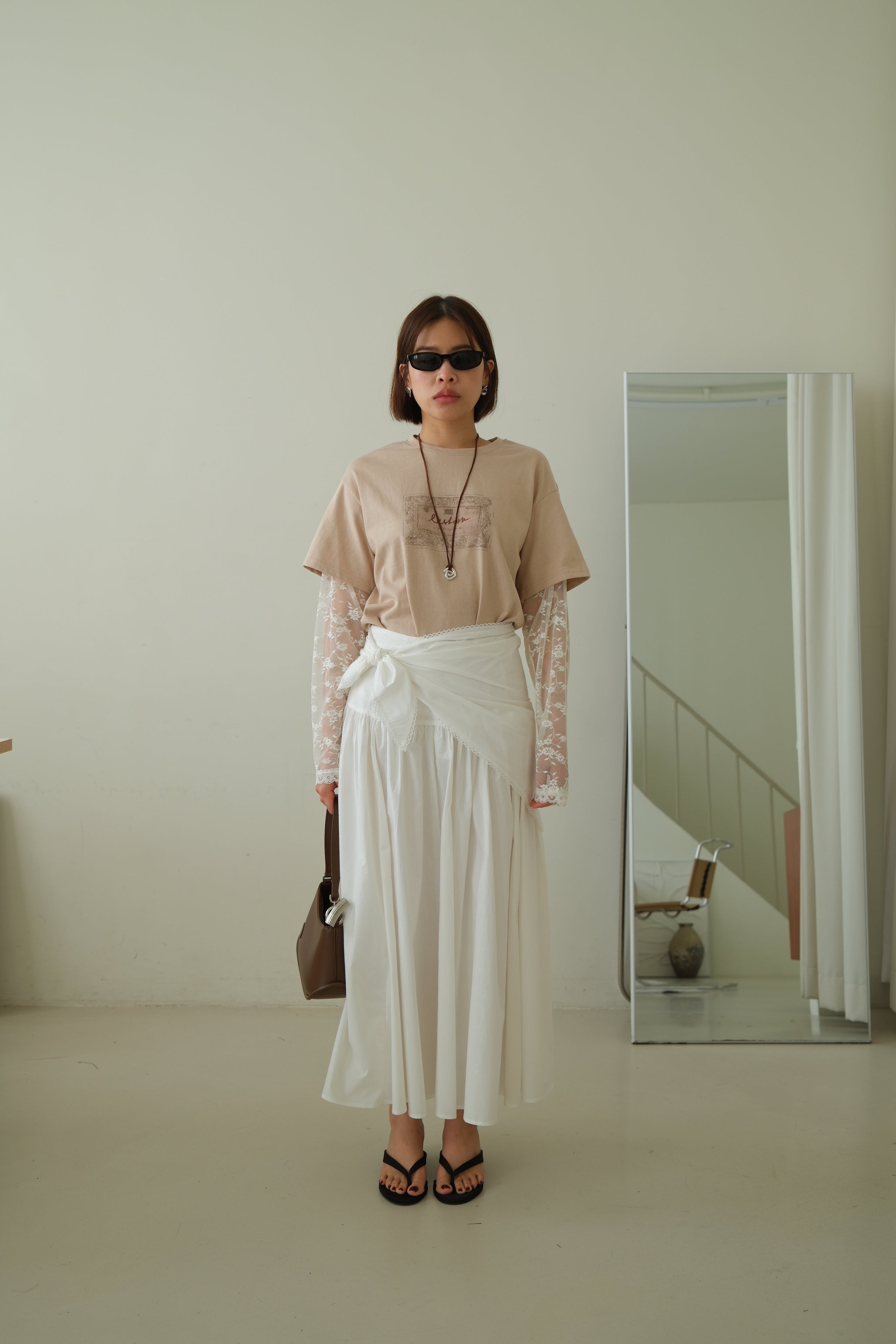 Cotton Maxi Skirt with Lace Tie Waist
