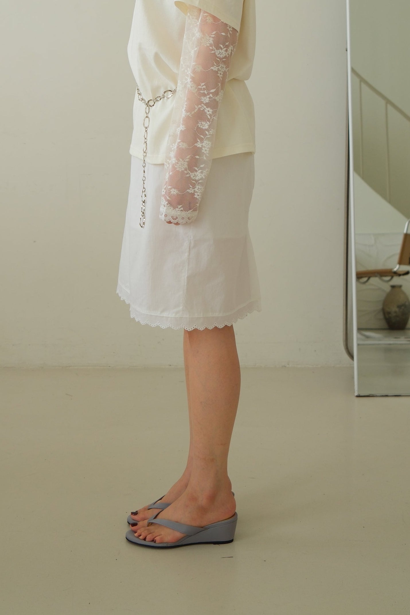 Coral Cotton Lace Hem Midi Skirt